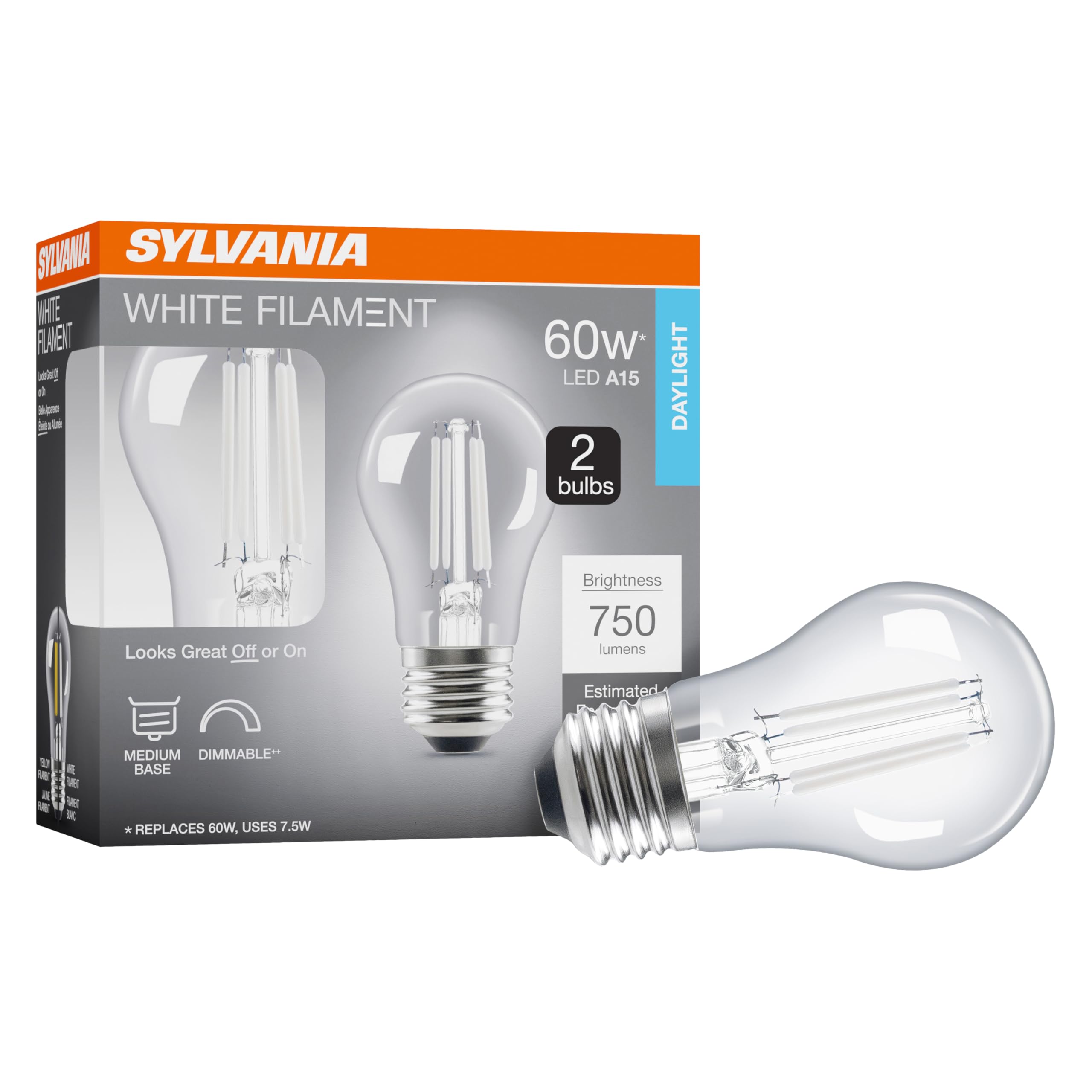 Sylvania A15 Clear Globe Led White Filament Bulb, 7.5W, Dimmable, 750 Lms, Medium Base, 5000K, Daylight - 2 Pack (42248)