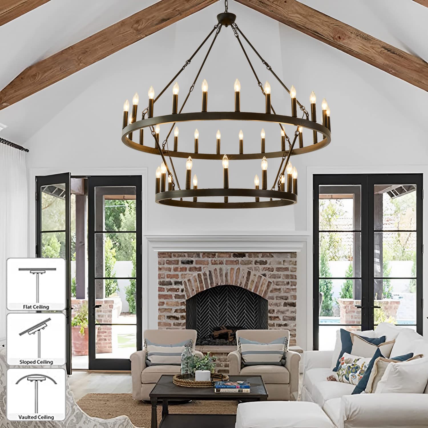 JKLX 48 Inch Black Wagon Wheel Chandelier, 2 Tier 36-Lights Metal Pendant Light for Farmhouse, Industrial Style, High Ceilings