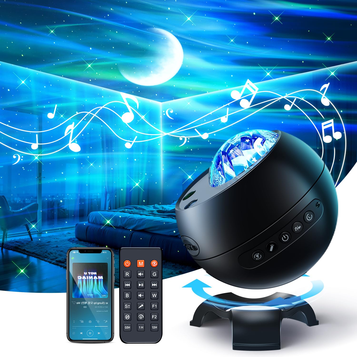 Staryou Northern Lights Projector, 300+ Colors, 5 Films, Bluetooth, Black, Model WH-E12A