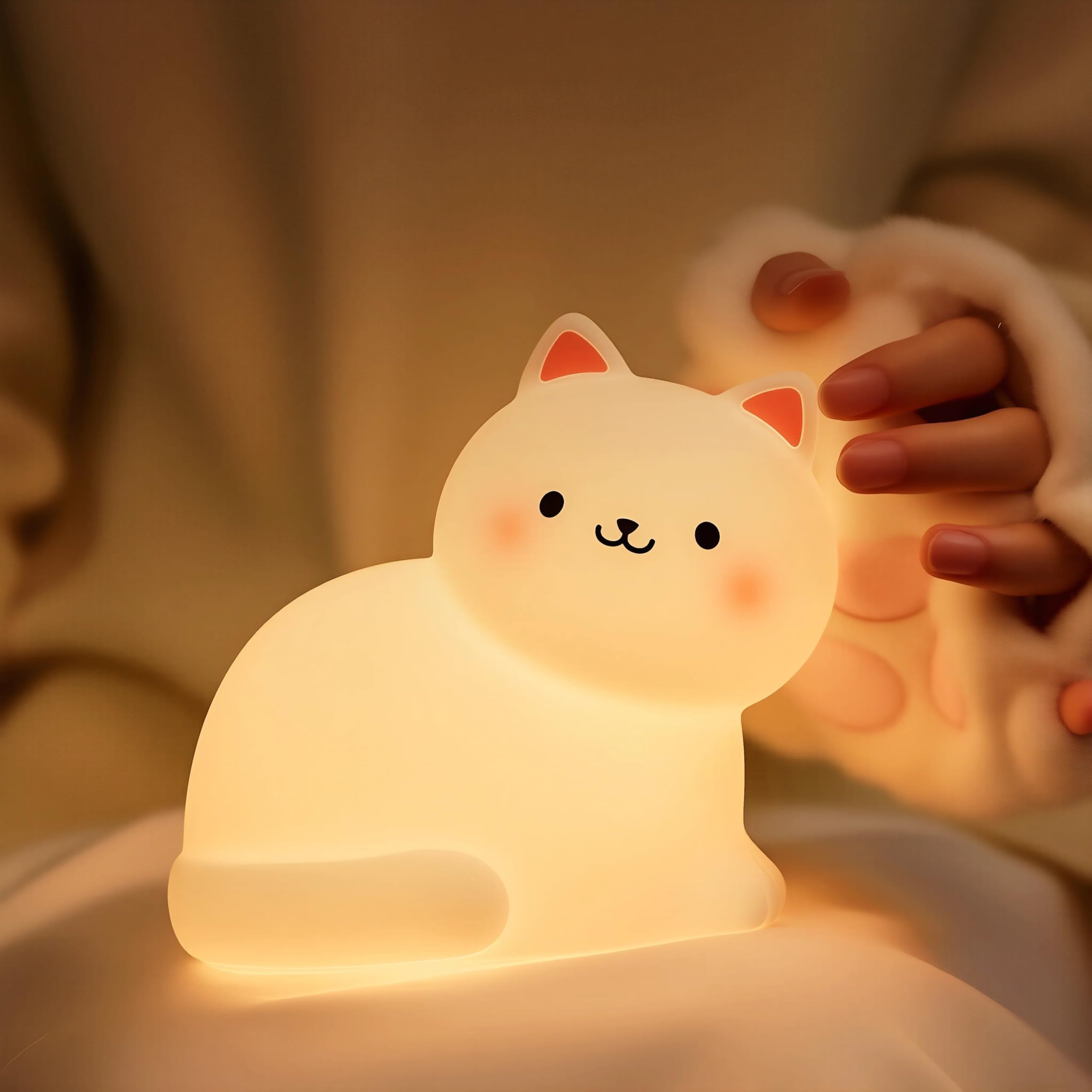 Cat Night Light for Kids,7 Colors Lamp,Tap Dimmable,Rechargeable Portable and Squishy Silicone Led Nightlight,Kawaii Gift,Timing