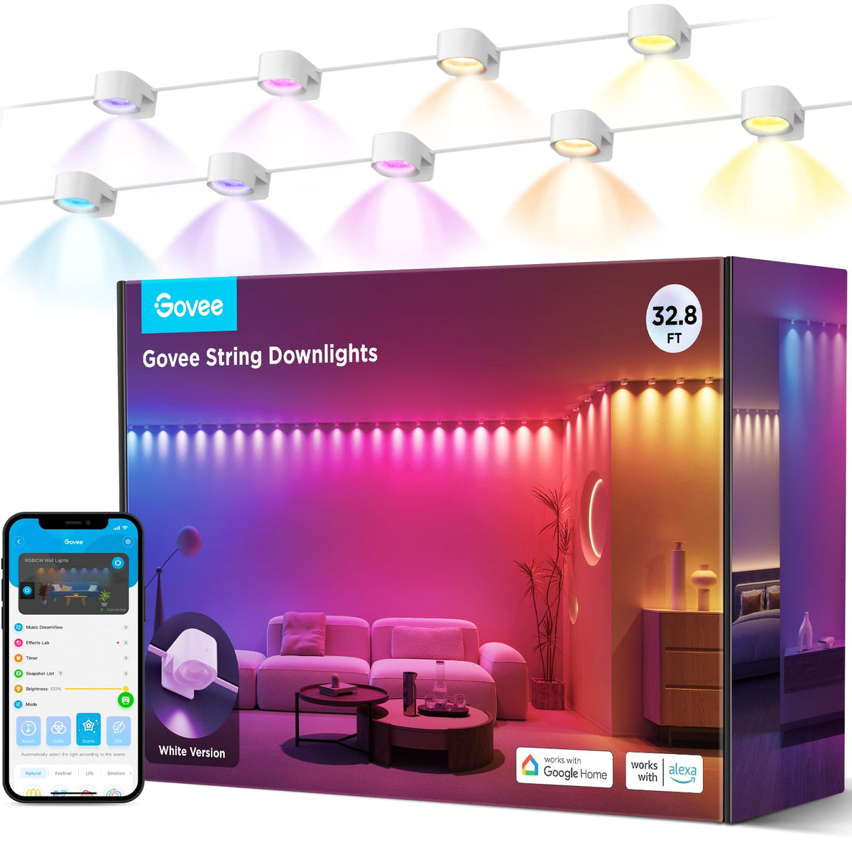 Govee Rgbic String Downlights, Smart Led String Lights Works With Alexa, Wi-Fi Color Changing Indoor Wall Light Fixture For Part