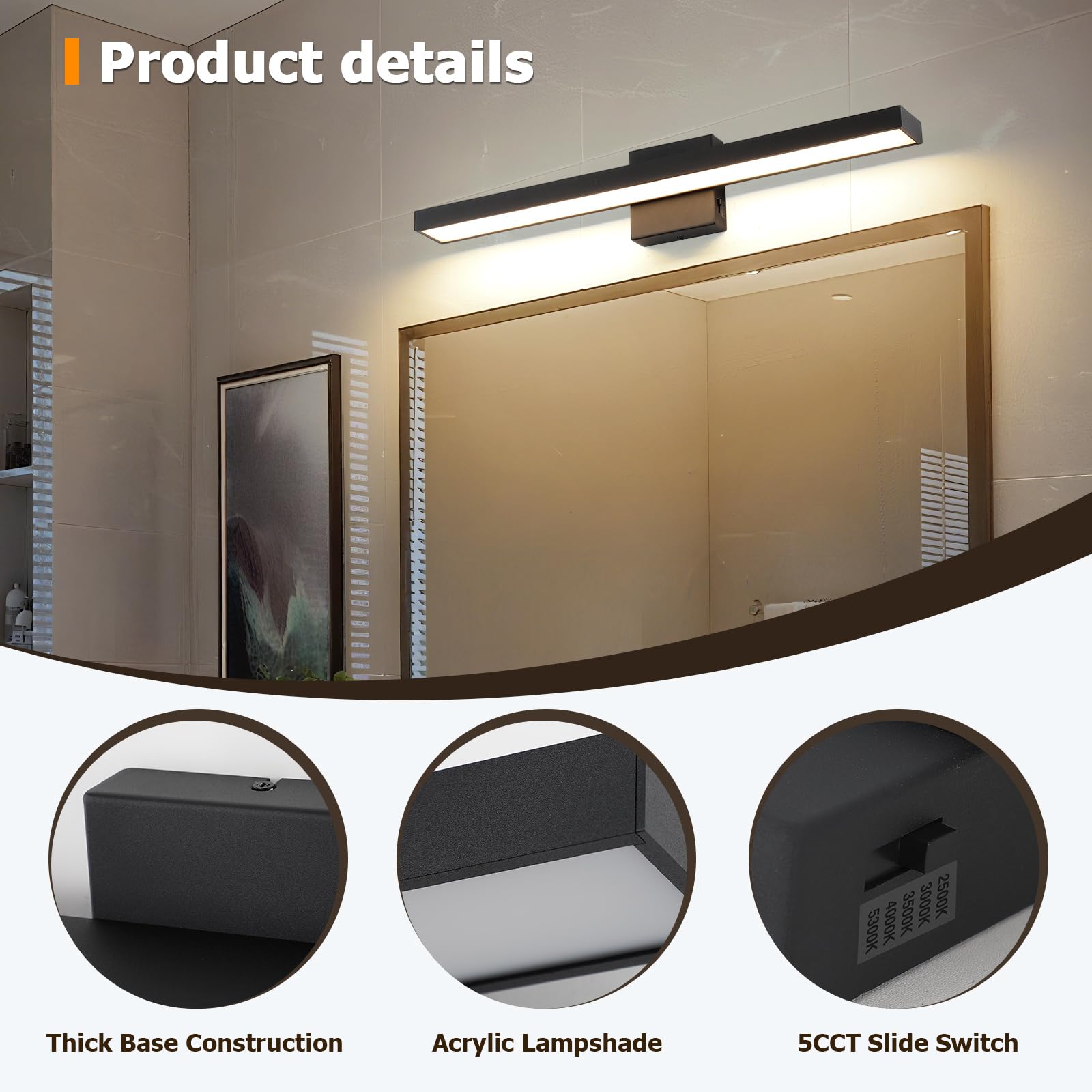 Joosenhouse Bathroom Vanity Light Bar 24W Dimmable LED 24.4 Inch Black-5CCT Metal Model 6332