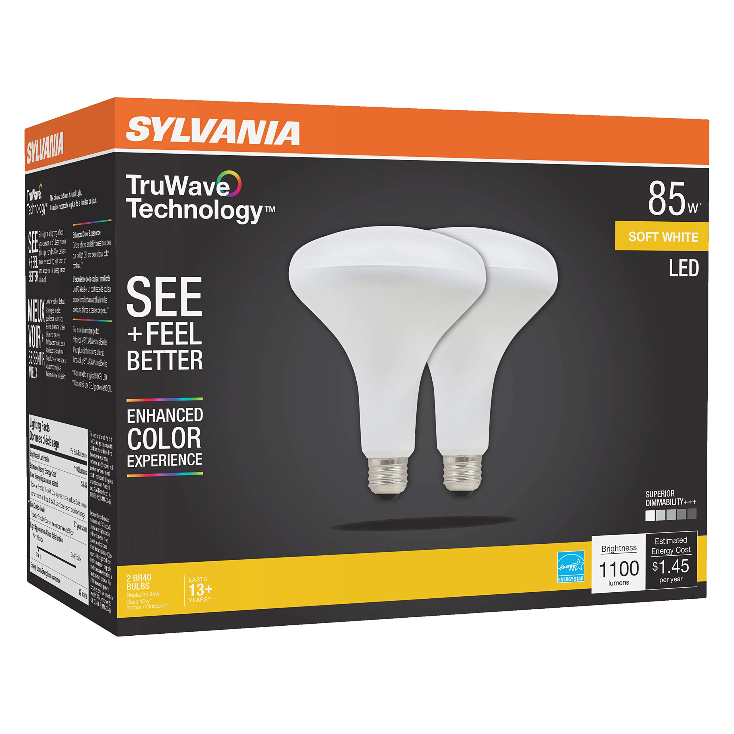Sylvania Truwave Br40 Led Light Bulb, 85W = 12W, Medium Base, Dimmable, Frosted, 2700K, Soft White - 2 Pack (40785)