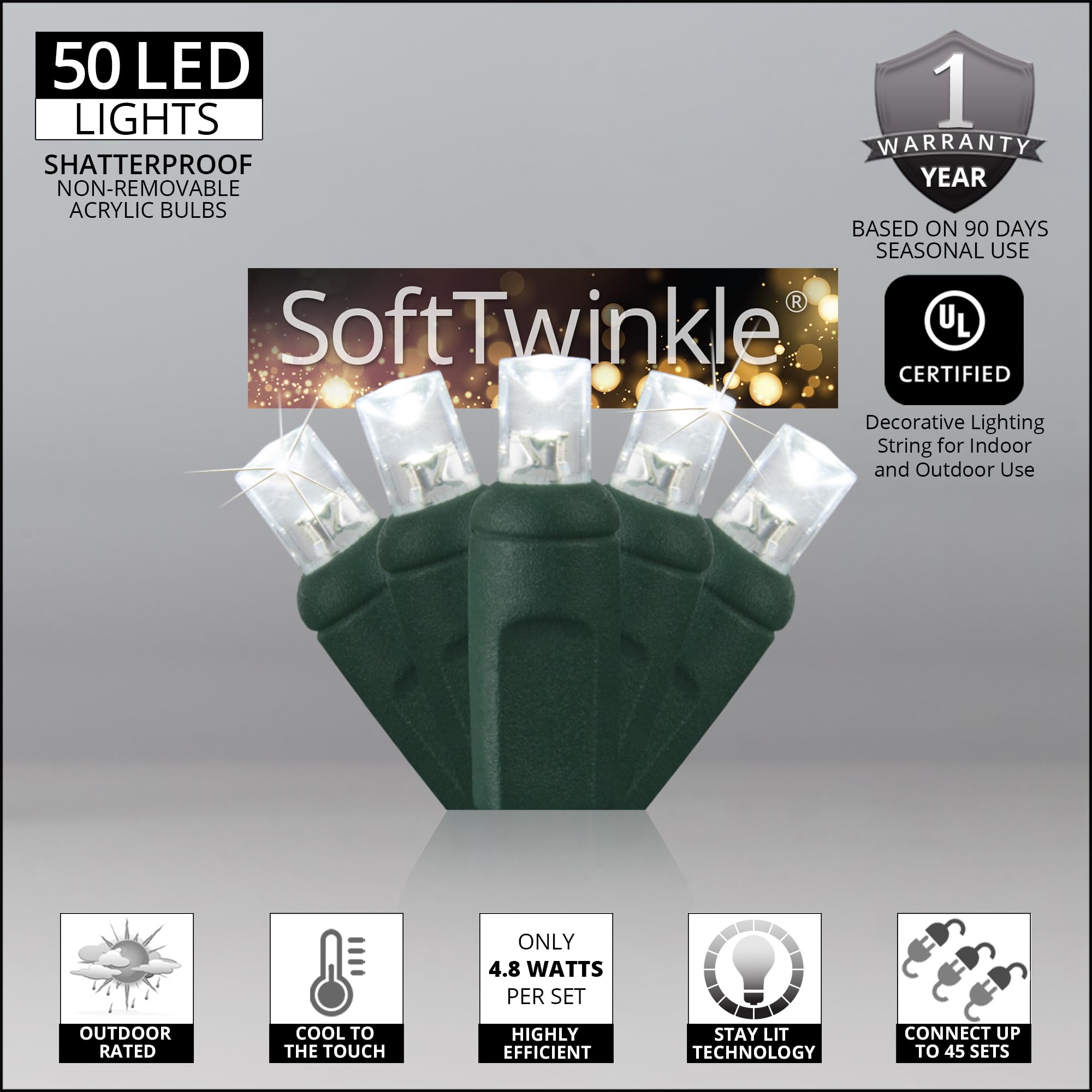 Softtwinkle Slow Twinkling Christmas Lights, Soft Twinkle String Lights Pulsing Christmas Lights (50 Lights, 17 Ft, Cool White)