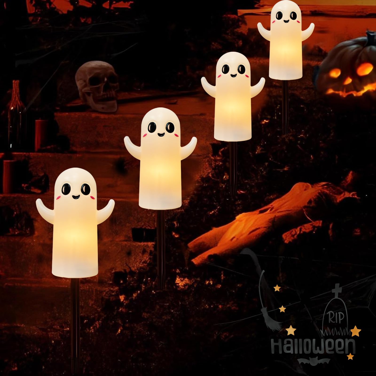 4 Pack Halloween Smiley Elves Pathway Lights, 7Ft Outdoor Halloween Decorations Lights with LED Smiling Ghost Yard Stakes Lights