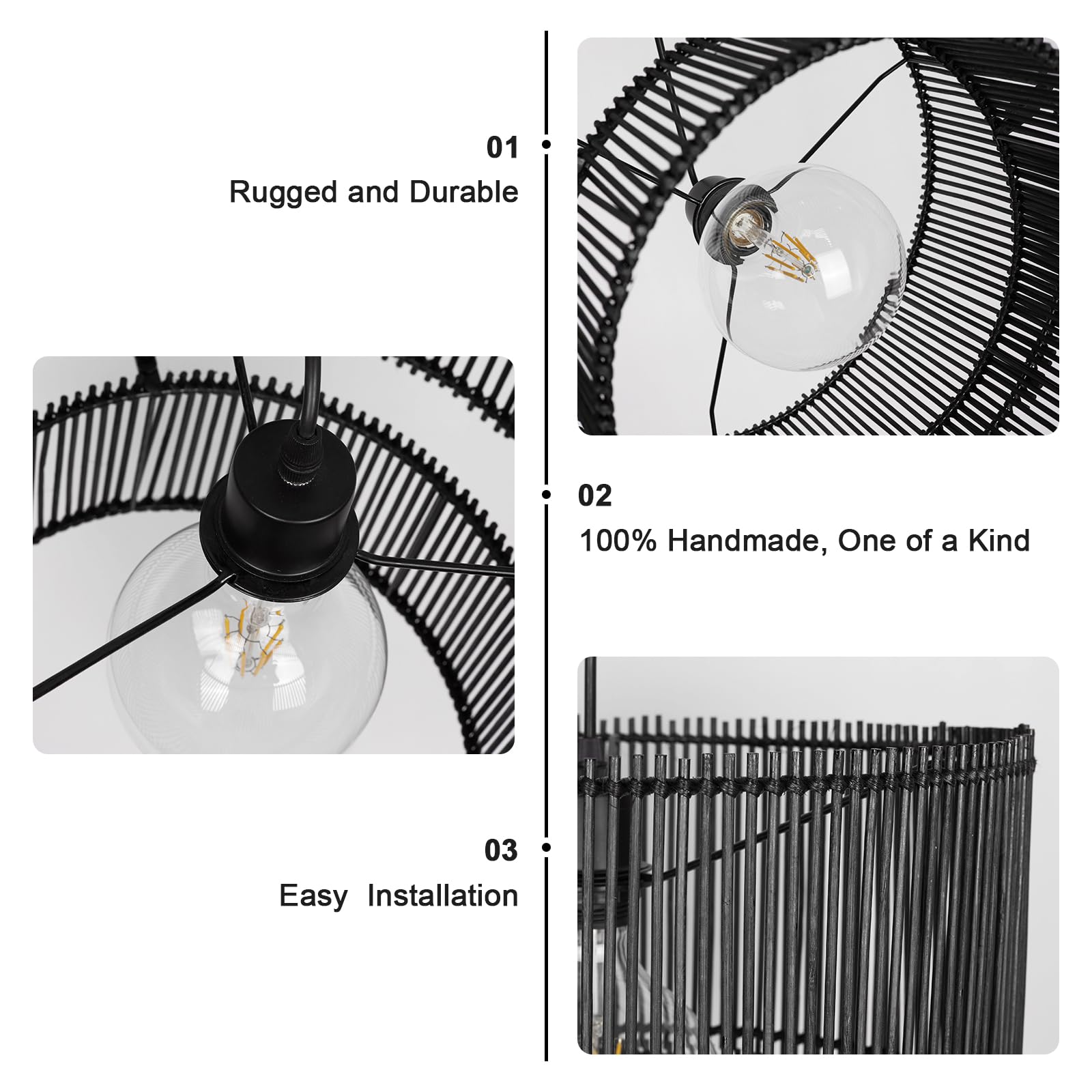 Rosient Woven Rattan Pendant Lamp, 16 Inch Large Natural Simple Hand Weaved Coastal Beach Black Rope Hanging Pendant Light Fixtu