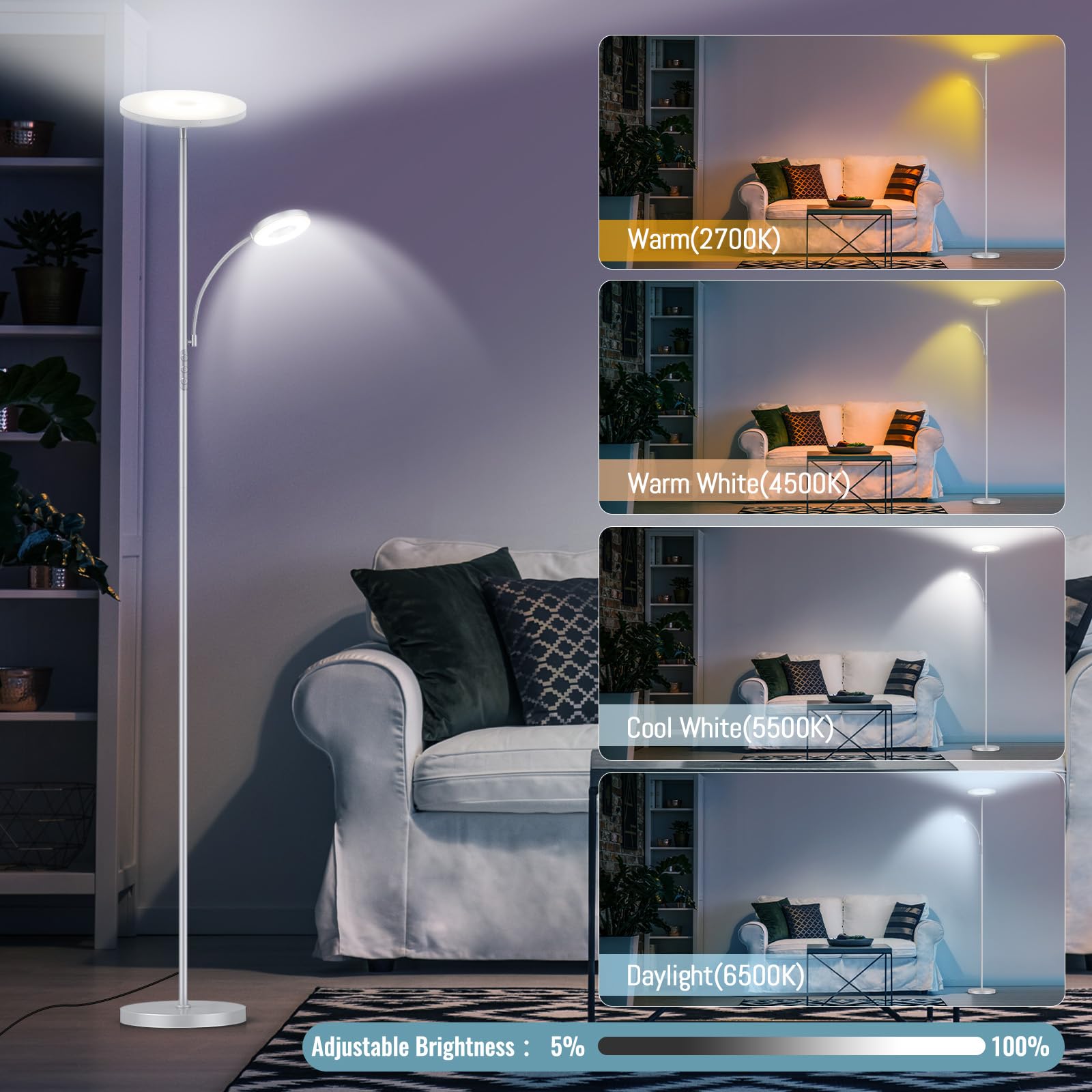 marctronic Silver Gray Floor Lamp, 42W LED, 4000LM, Dimmable with Remote & Touch Control, Model MTUS-FL42E-RM02-Grey