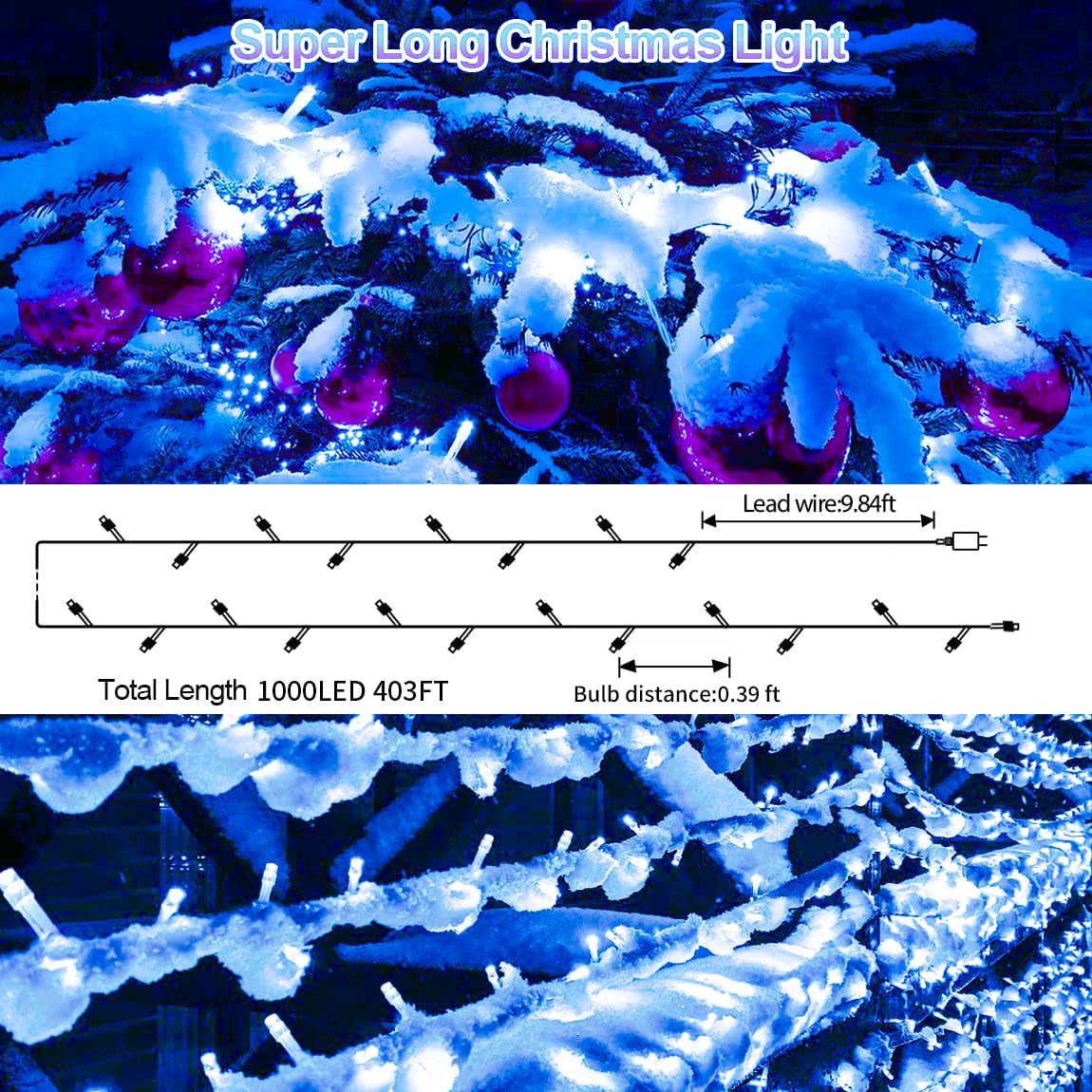 JXLEDAYY 1000 LED Christmas Lights Outdoor Waterproof 403 Ft Clear Wire Blue Model BG-CL3M3-306L01