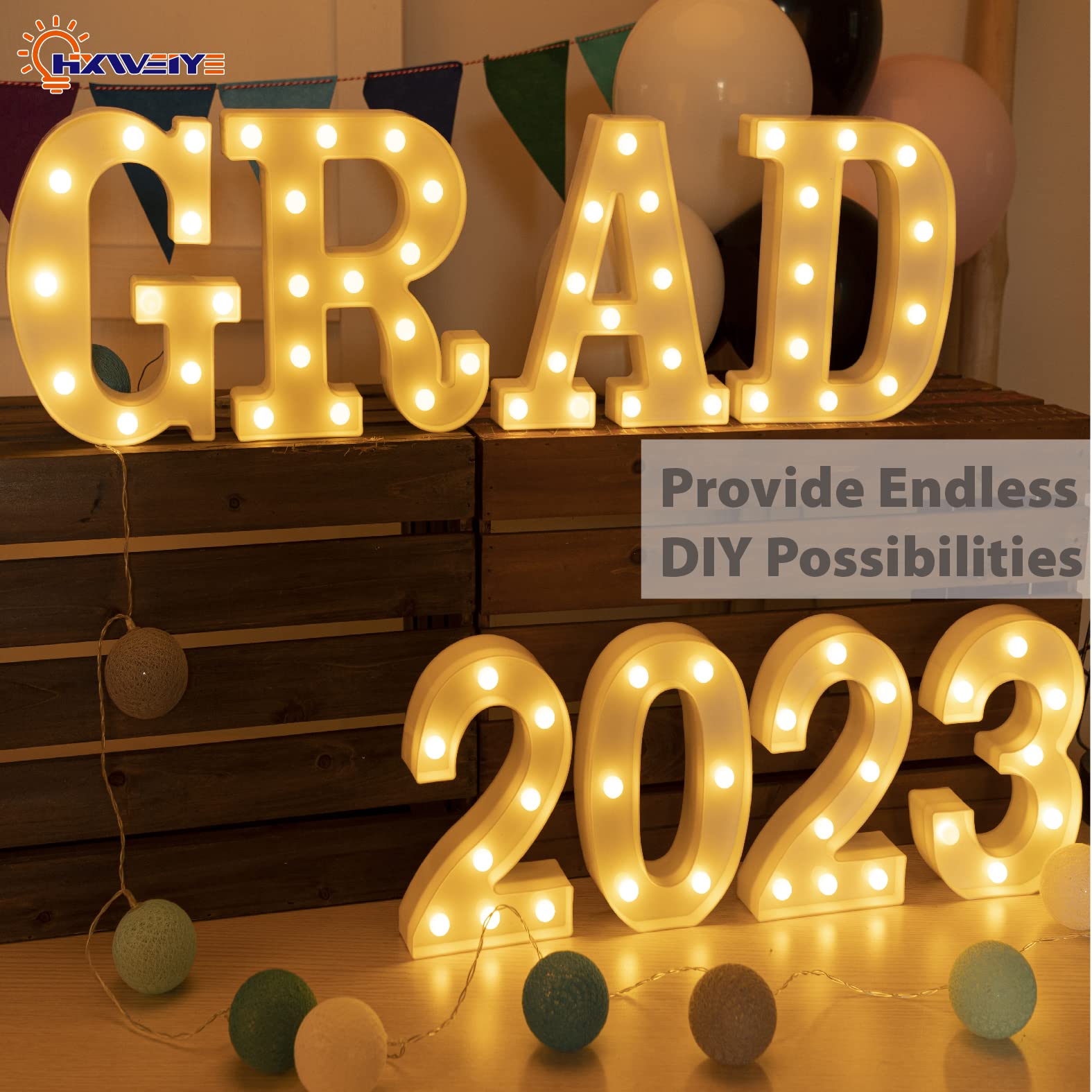 HXWEIYE Marquee Light Up Numbers - LED Sign, 26 Letters & 10 Numbers, Battery Powered, Warm White Color