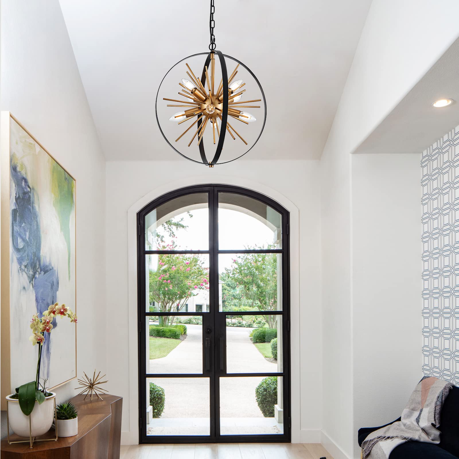 TACDANDM 8-Light Black Gold Sputnik Chandelier, 17.72'' Adjustable Metal Pendant Light for Entryway, Kitchen, Living Room