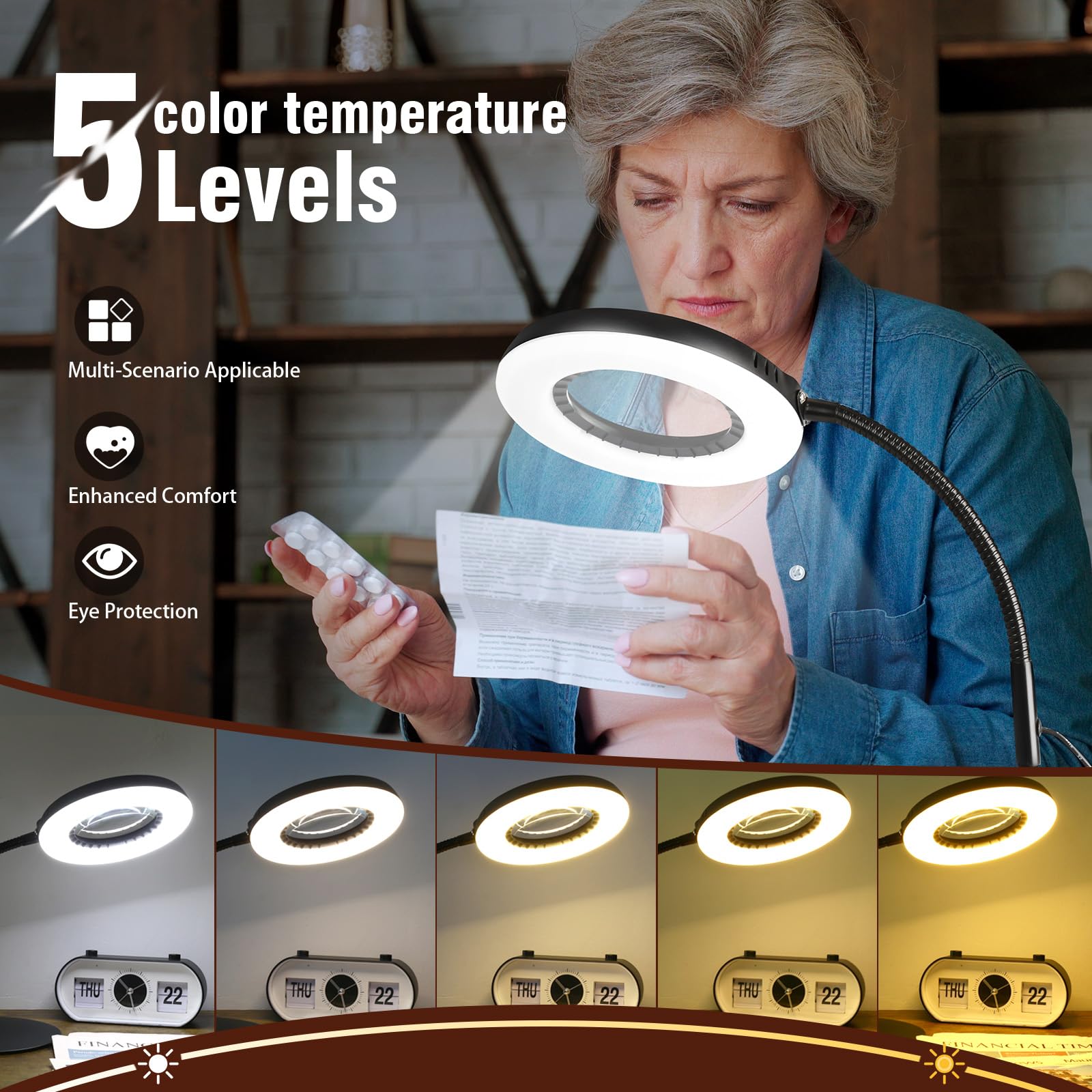 10X Magnifying Glass With Light And Stand, 5 Color Modes Stepless Dimmable Led Desk Lamp, Adjustable Flexible Gooseneck Lighted