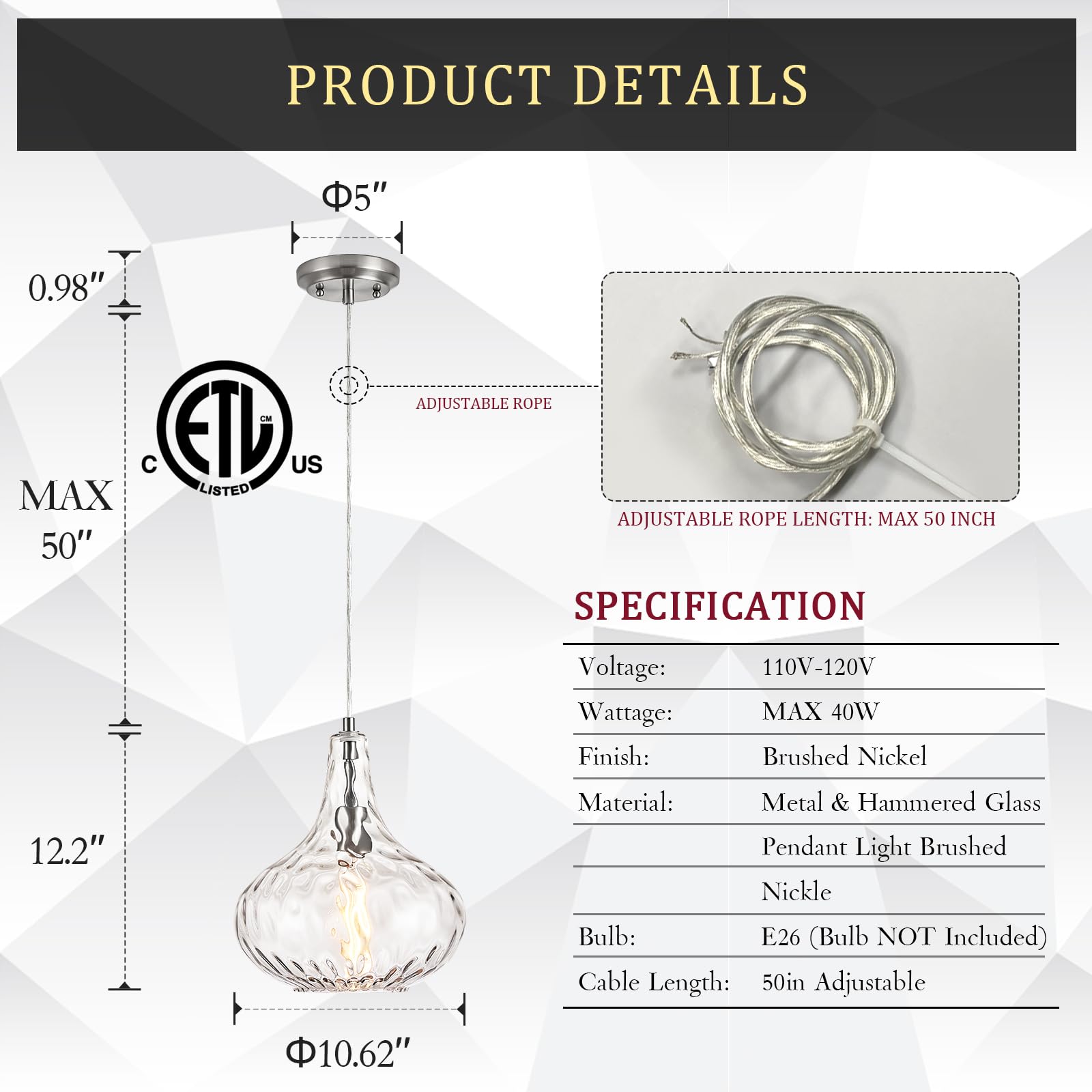 Catiner Glass Pendant Light Brushed Nickel 11-Inch Hammered Pendant Lighting For Kitchen Island, Kitchen Sink, Hallway, Living R