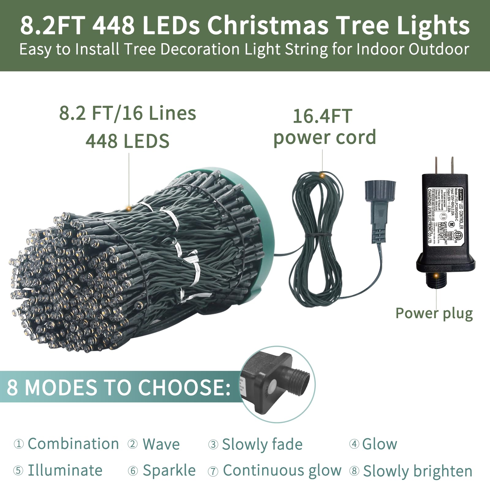 VIL Christmas Tree Lights - 8.2Ft 448 LED Cool White Fairy String Light, Dimmable, 8 Modes, Indoor/Outdoor, Model SW-LSL-2.5-