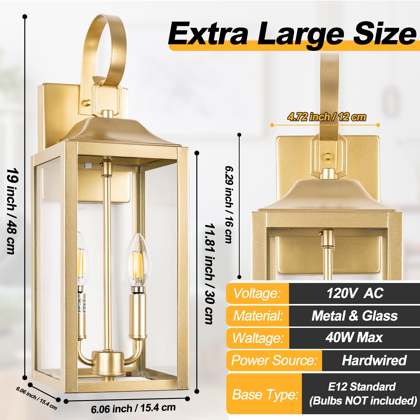 Yolsunes 19'' Gold Outdoor Wall Lantern 2-Light, Large Modern Wall Sconce Light Fixture, Industrial Porch Light With Glass, Wate