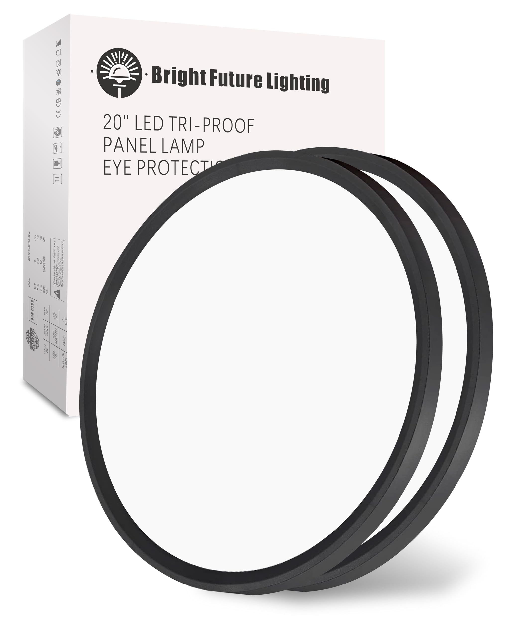 Bright Future Lighting LED Flush Mount Ceiling Light Fixture, 20Inch, 40W, 4350lm, Selectable CCT, Modern, Black, 2Pack