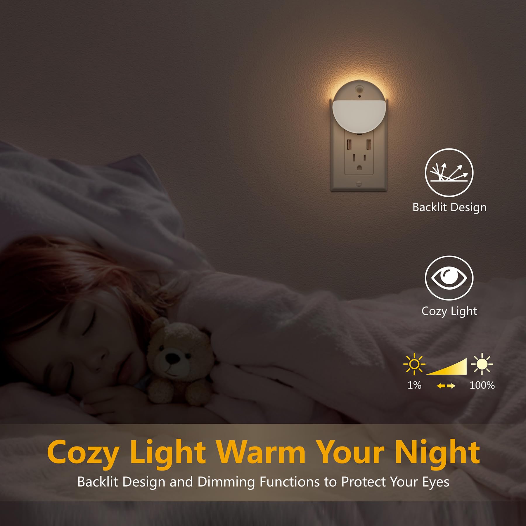 YUNLEX Night Light 2 Pack with Motion & Dusk Sensor, Warm White LED, 3 Sensor Modes, Ideal for Bathroom, Bedroom, Kitchen