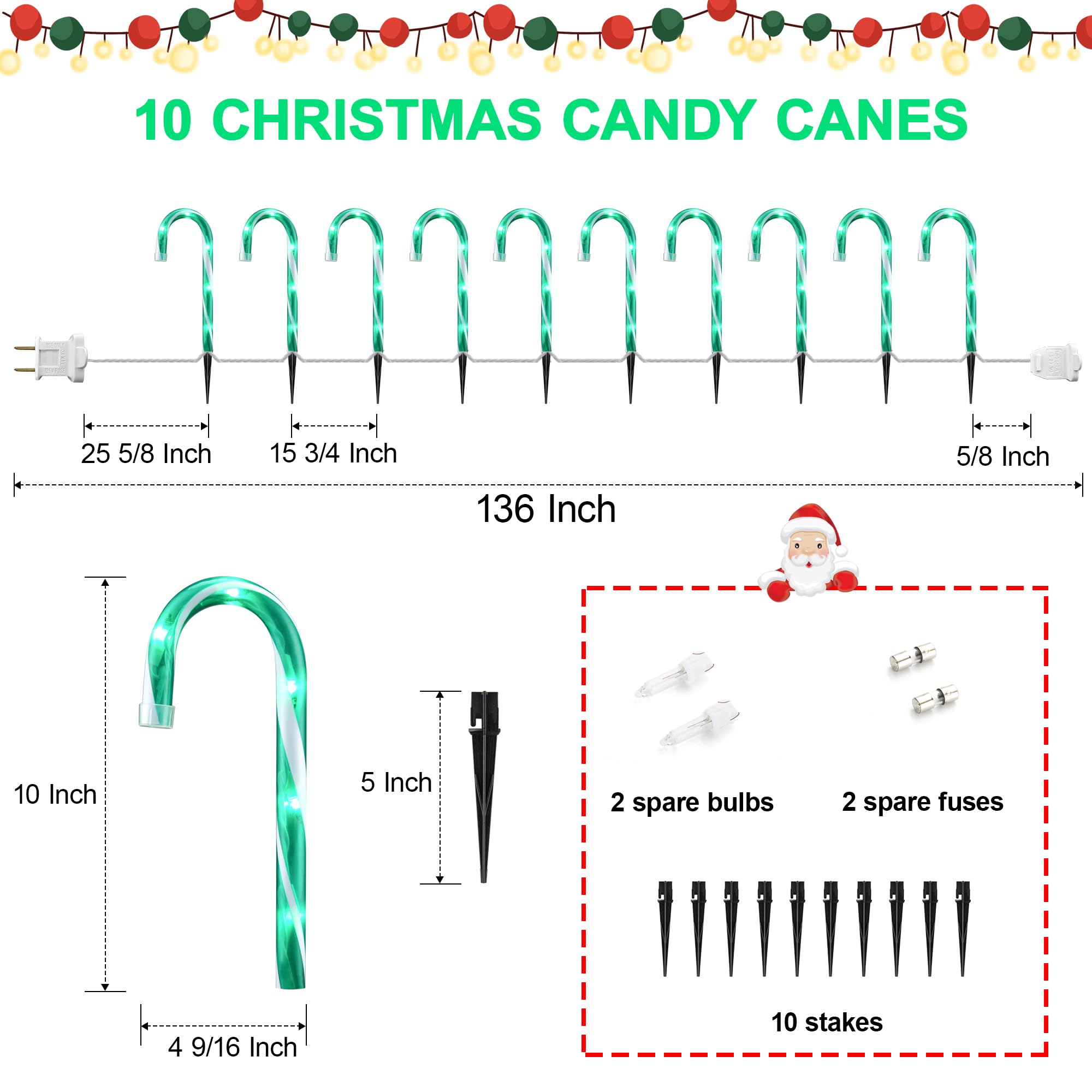 Ultimate Unicorn 10'' Christmas Candy Cane Lights (10Pcs) For Landscape Decoration, Outdoor Pathway Makers Lights, Candy Cane Wa