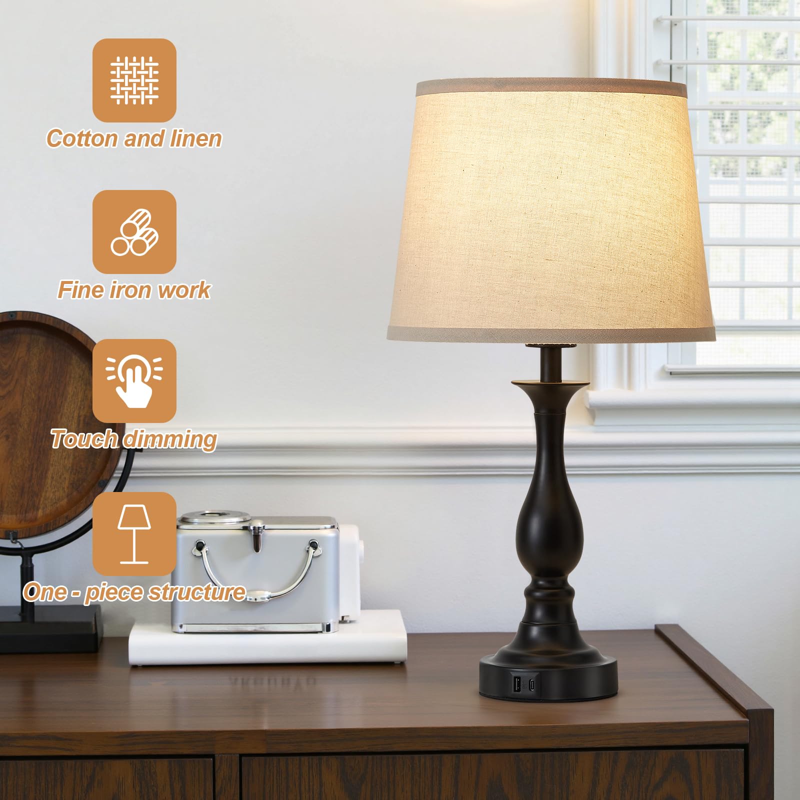 Lauag Black Bedside Table Lamp Set of 2 - Touch Control, 3-Way Dimmable, USB-C & USB-A Charging for Bedroom & Home Office