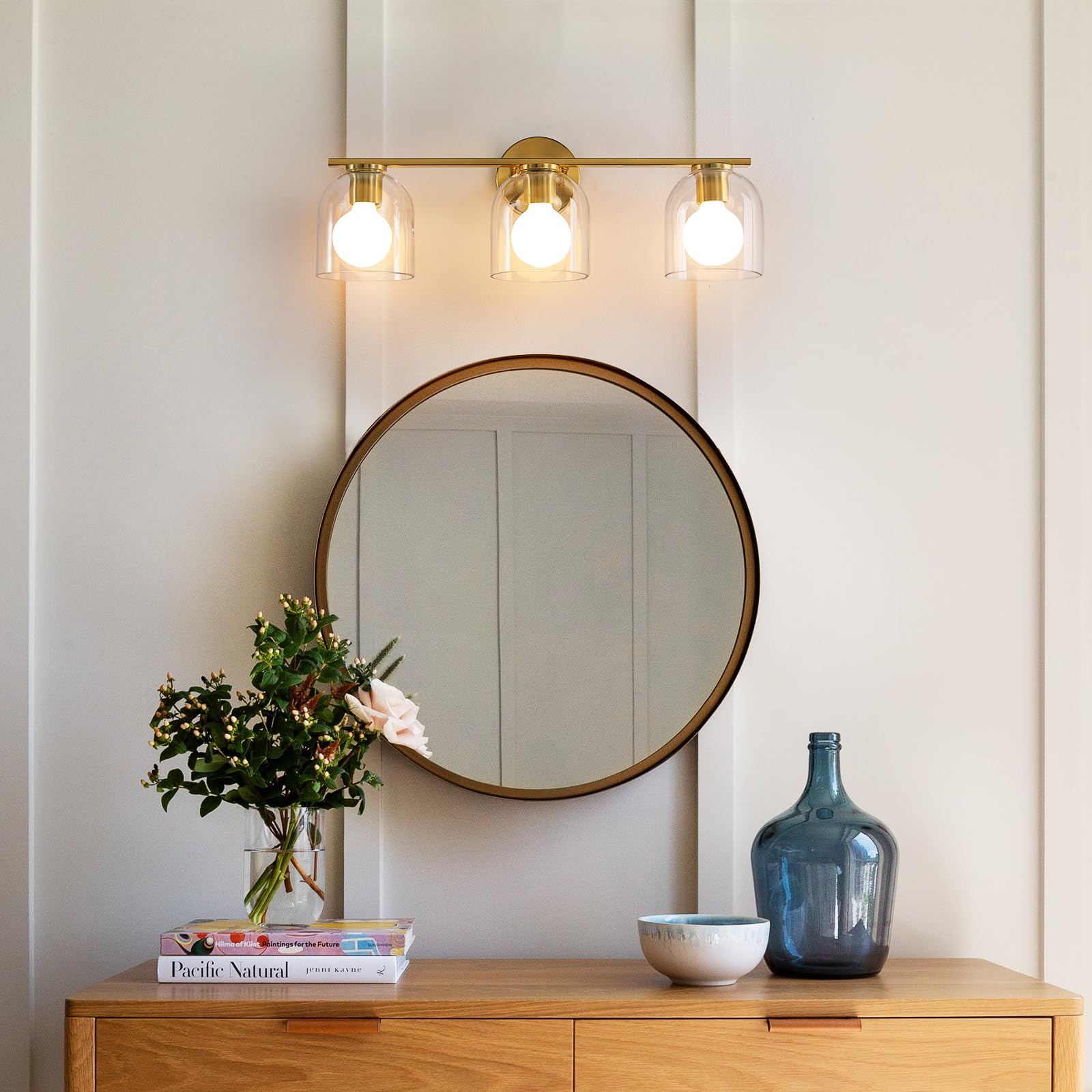 Woshitu Bathroom Vanity Light Fixtures: 23.3 Inch Modern Brushed Gold Bathroom Light Fixtures Over Mirror With Clear Glass Shade