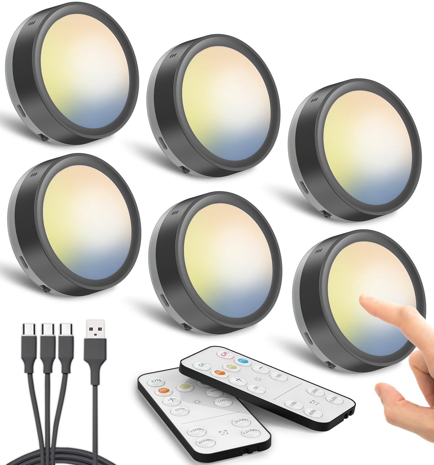 Rechargeable Puck Lights With Remote Control, Black Battery Operated Push Lights Led Stick On Lights For Closet Magnetic Tap Light Usb Display Shelf Lights Kitchen Under Cabinet Press Button Lights