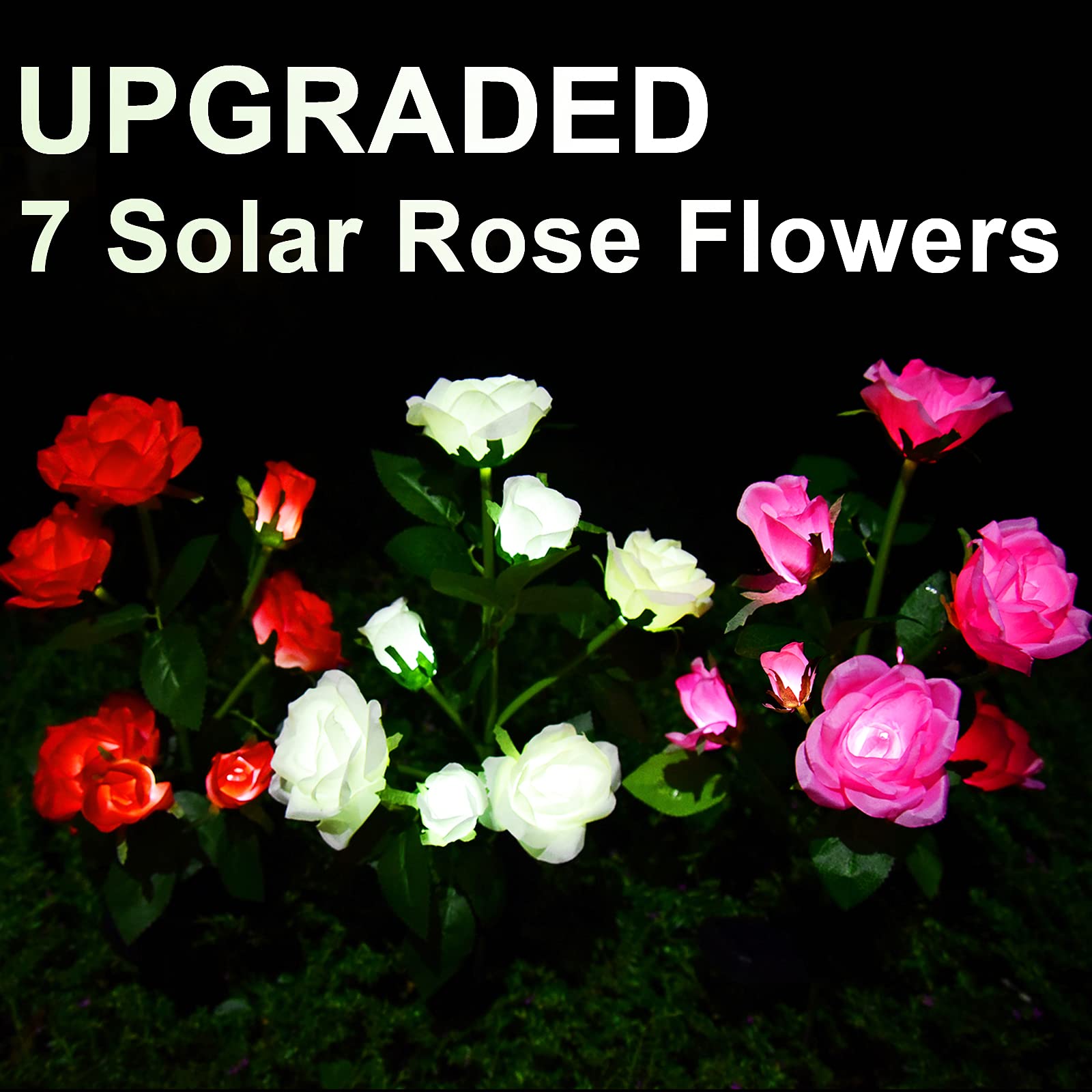 Nqn Upgraded 4 Pack White Outdoor Solar Powered 7 Rose Flowers Garden Stake Light, Led Solar Powered Light Decorative Flower Lam