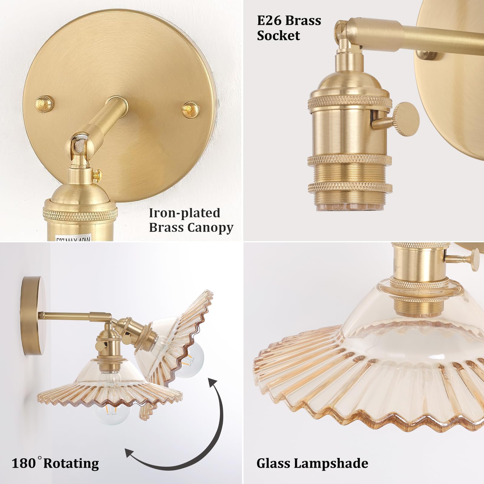 Shenmoyl Vintage Wall Sconce - Adjustable Brass Fixture with Amber Glass Lampshade, Short Size for Bedroom or Doorway
