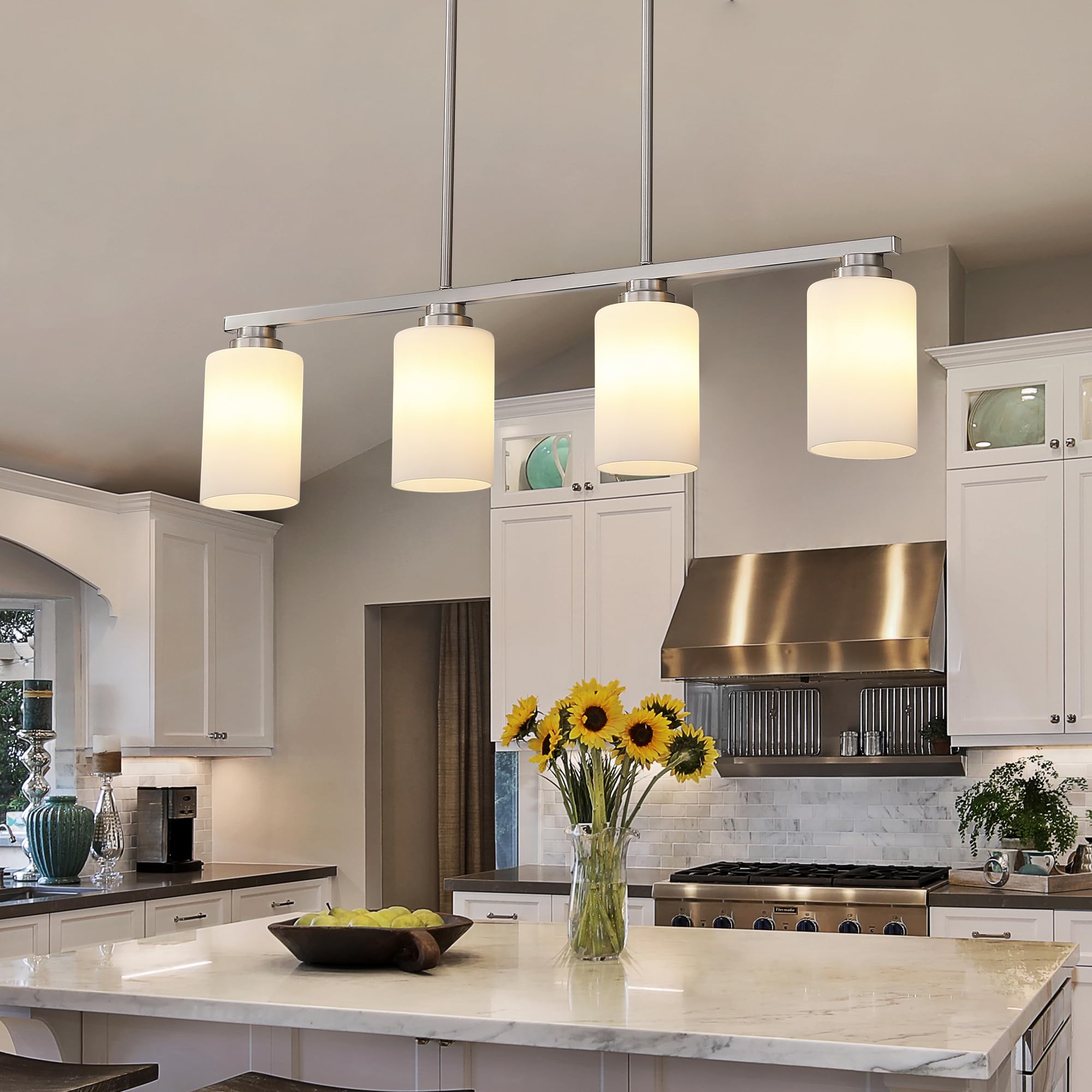 Mecgirn 4-Light Brushed Nickel Chandelier with Milk Glass Shade - Linear Pendant Lighting for Kitchen Island & Dining Room