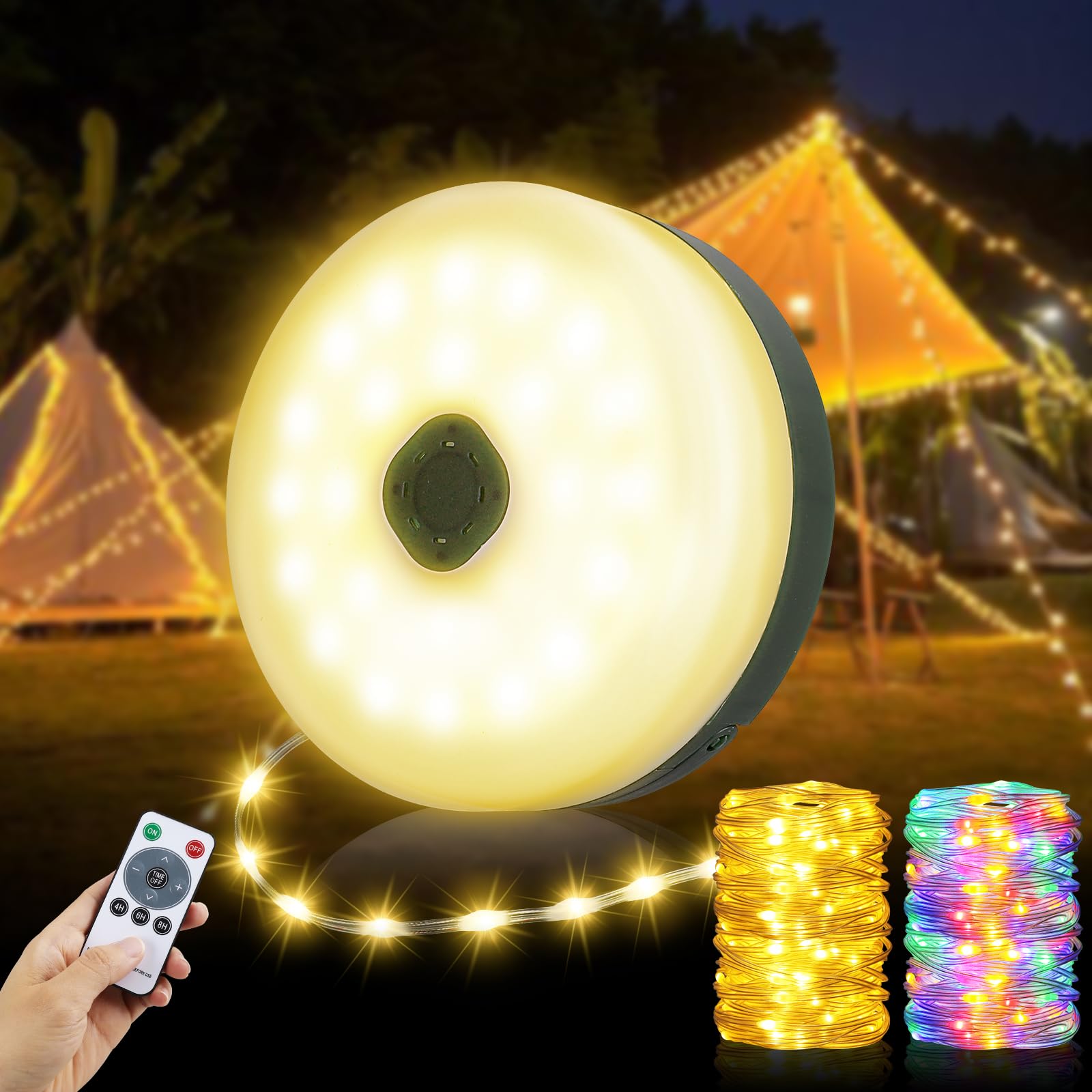 MGYIF Camping String Lights, 33ft Rechargeable 100 LED, Waterproof, 14 Lighting Modes, Remote Control, 1 Pack