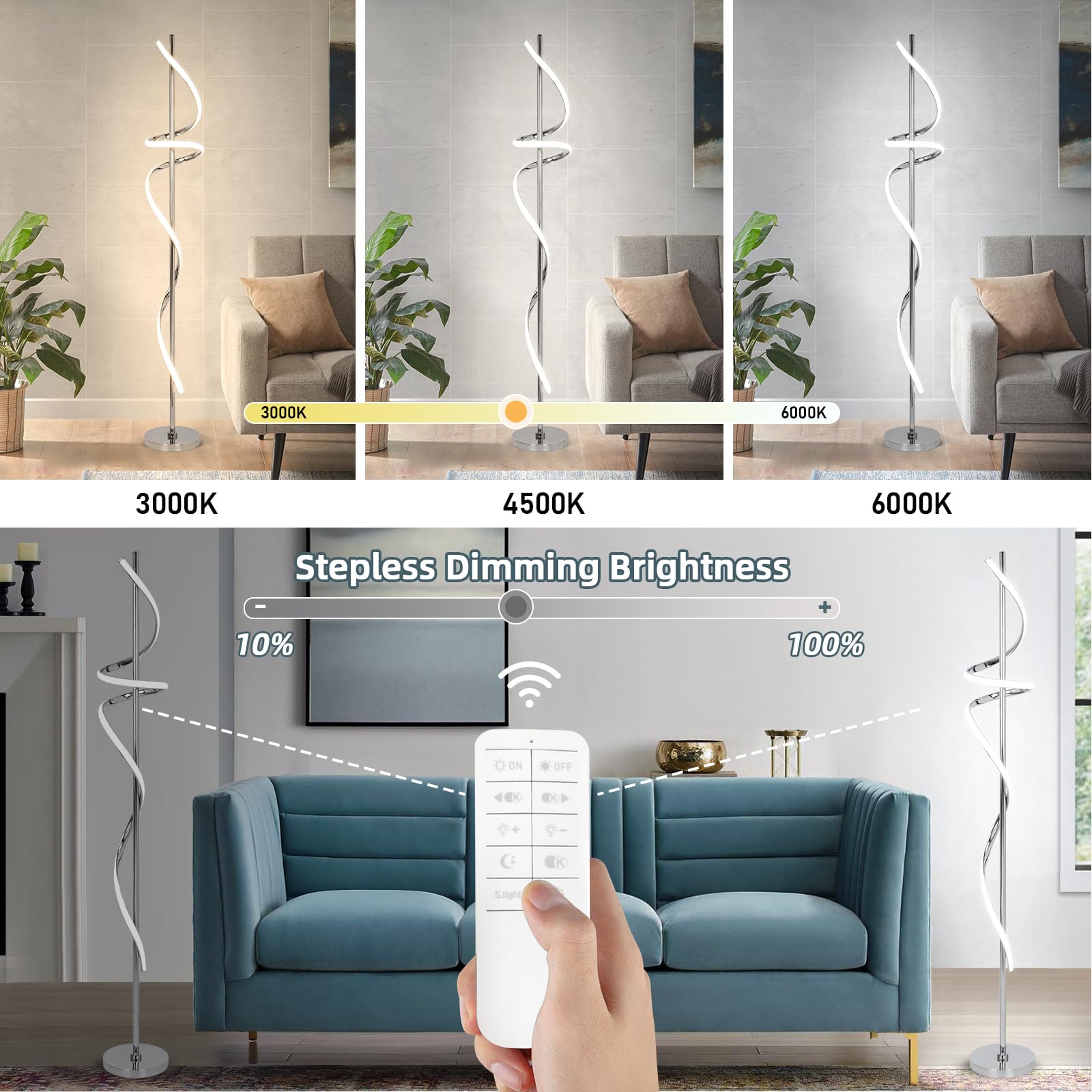 EIDISUNY Modern Floor Lamp - 60" Dimmable LED, Remote Control, Chrome, 48W, 3 Color Temperatures for Living Room, Bedroom, Home Office
