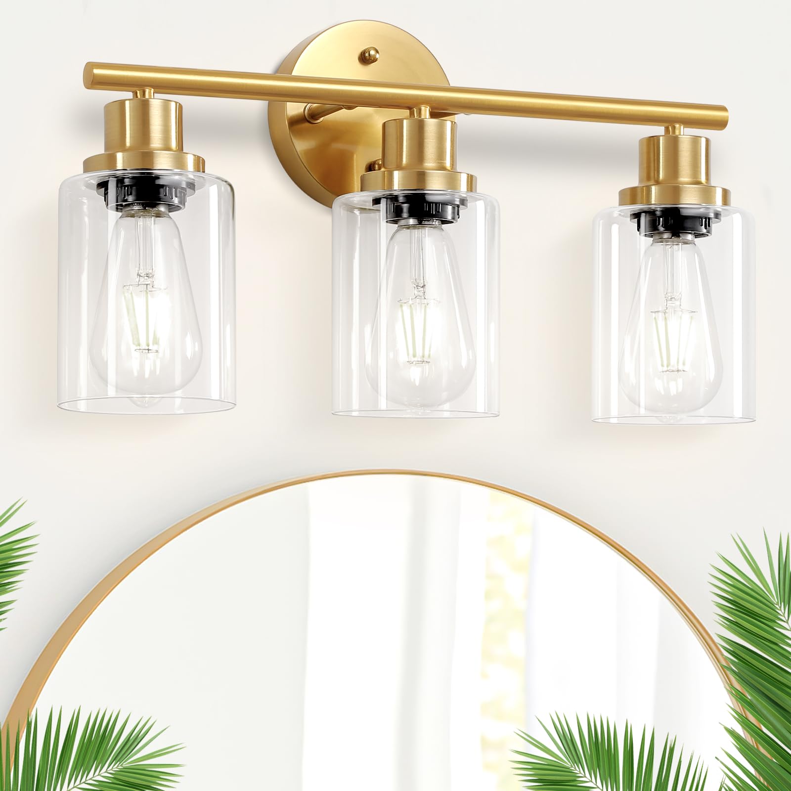 Guliaofo 3-Light Brushed Gold Bathroom Vanity Light Fixture, Clear Glass Shade, Model Gu-111-QGJ-3