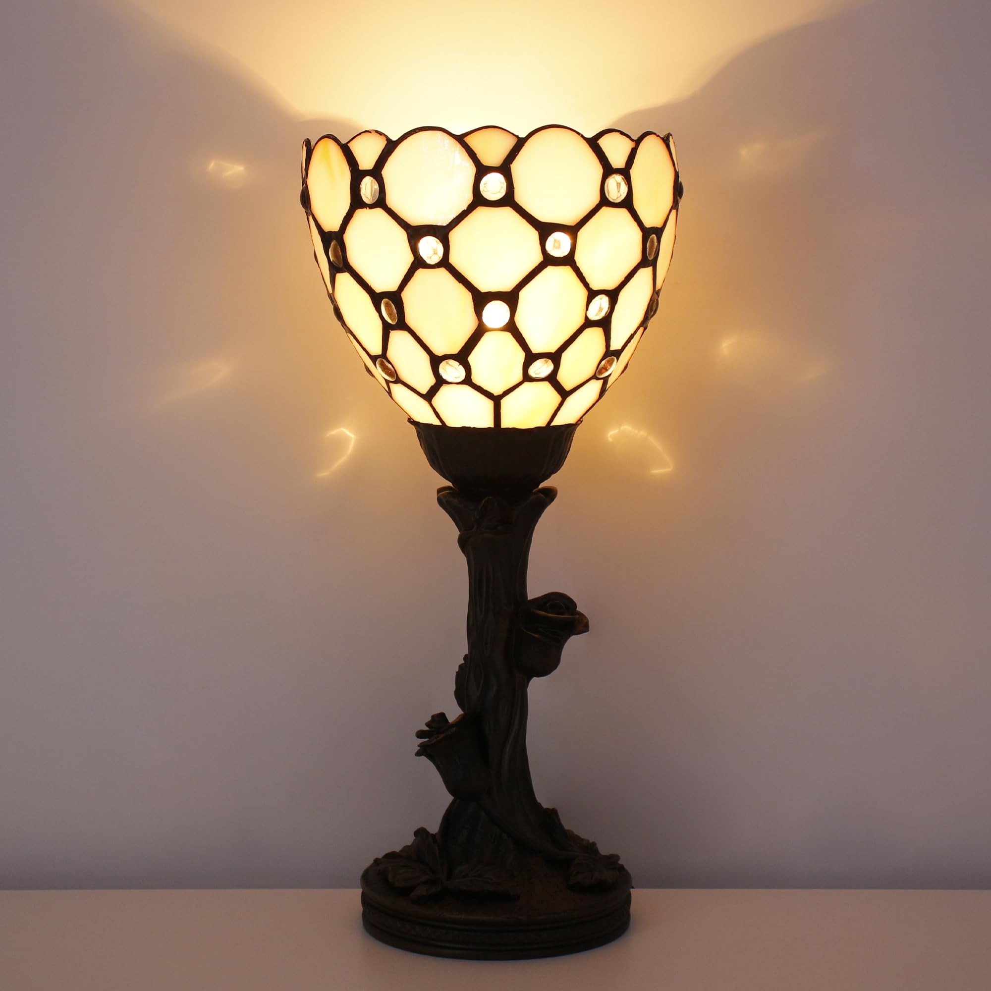 Avivadirect Small Tiffany Lamp Mini Stained Glass Table Lamp Cream Bead Accent Desk Uplight W6 H13.5 Inch Bronze Resin Base