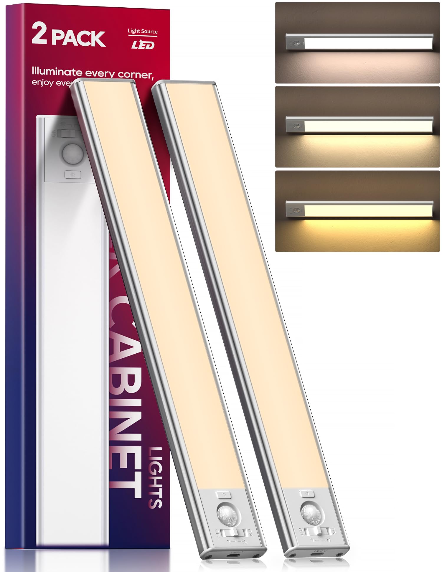 DiDiSky Under Cabinet Lighting, LED Motion Sensor Light, 8 Inch, Aluminum, 3 Color Temperatures, Model GLS-C001