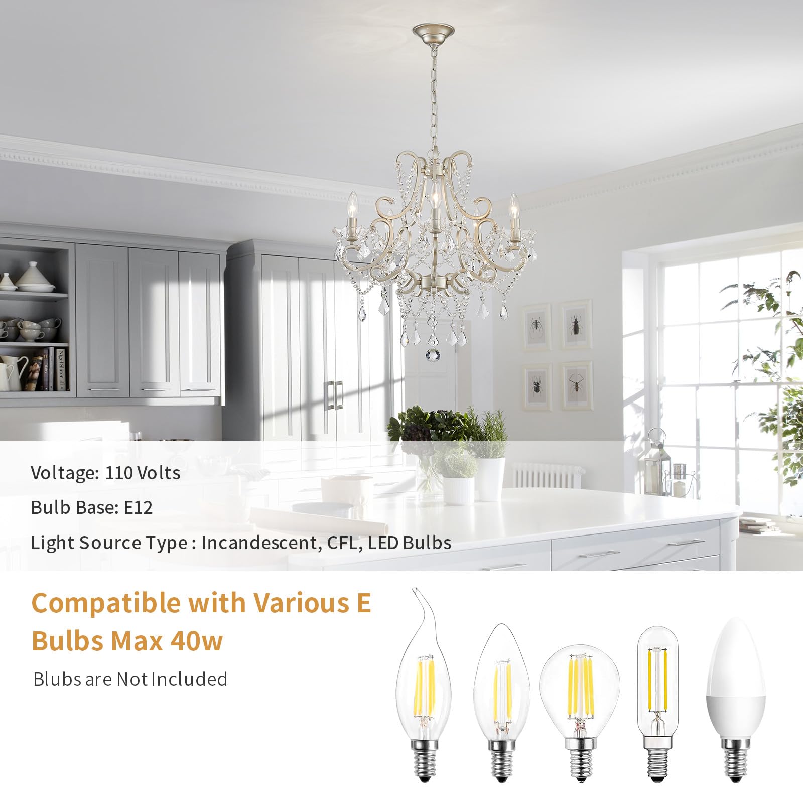 Crystal Chandelier, 5-Light Modern Chandelier For Dining Room Light Fixture, Nickel Finish Pendant Ceiling Light Fixture, Modern