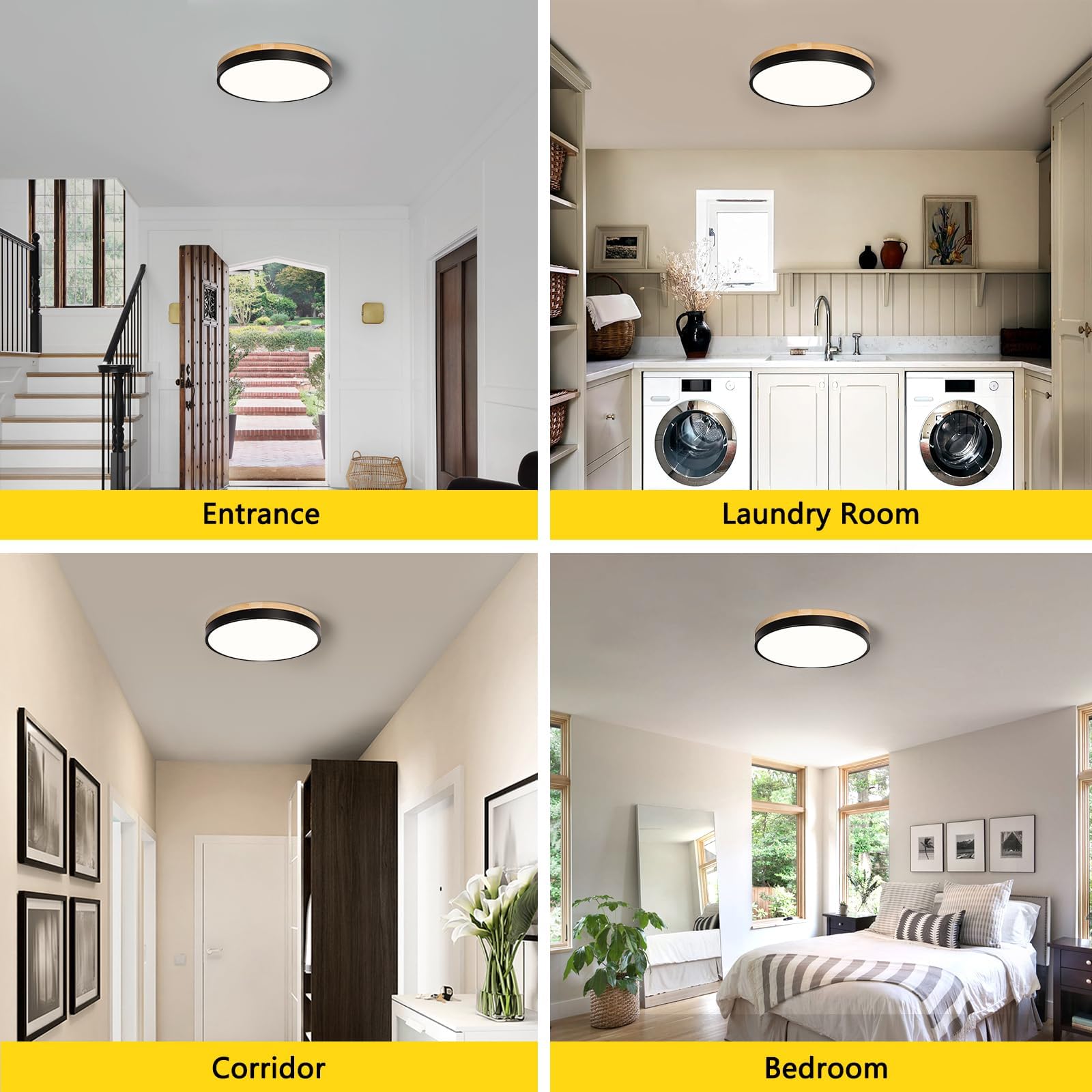 VIOLOEMI Modern Wood Ceiling Light, Round LED Flush Mount, Black, Metal, 11.81 Inch, Model VL23323001