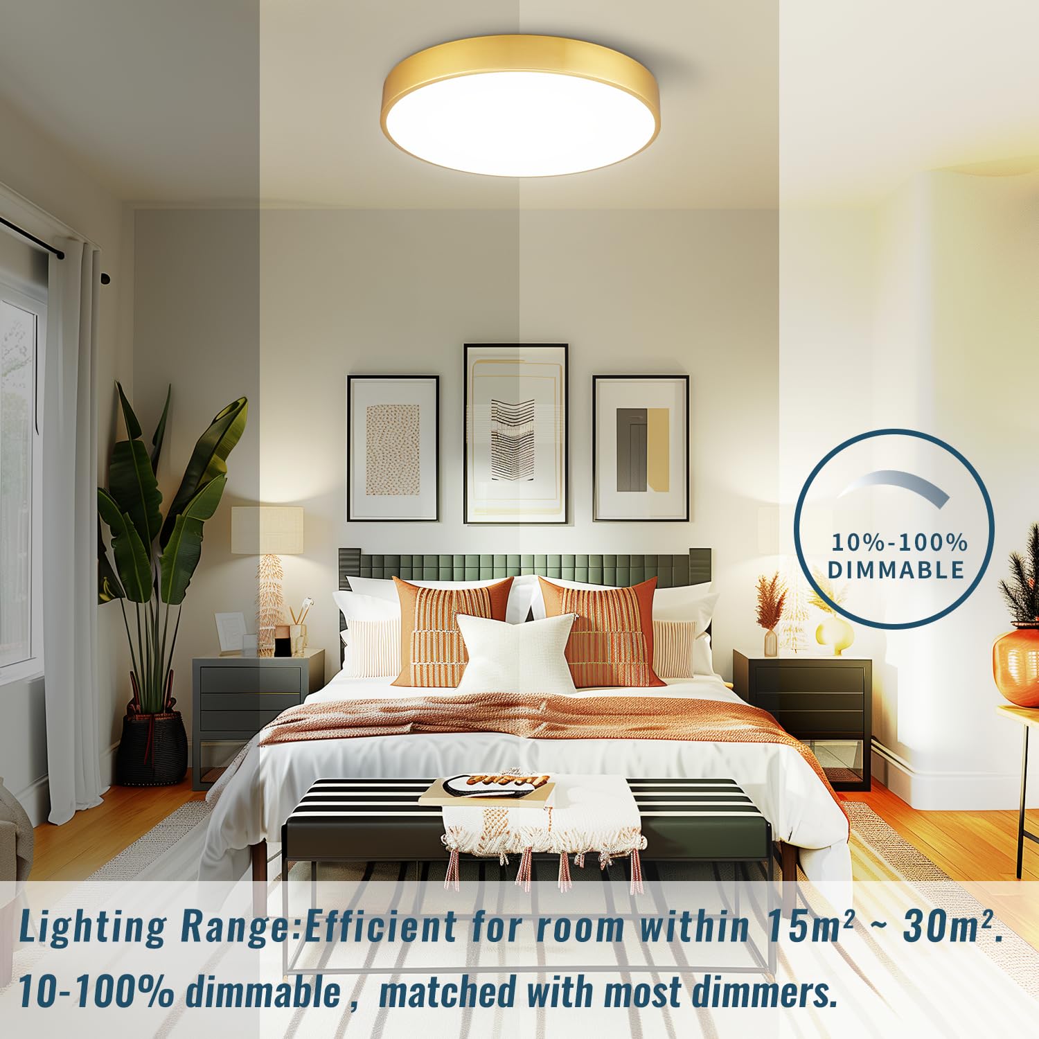 Wheatronic Gold LED Ceiling Light Fixture 15 Inch 36W Dimmable Flush Mount, Modern Design for Bedroom, Bathroom, Living Room