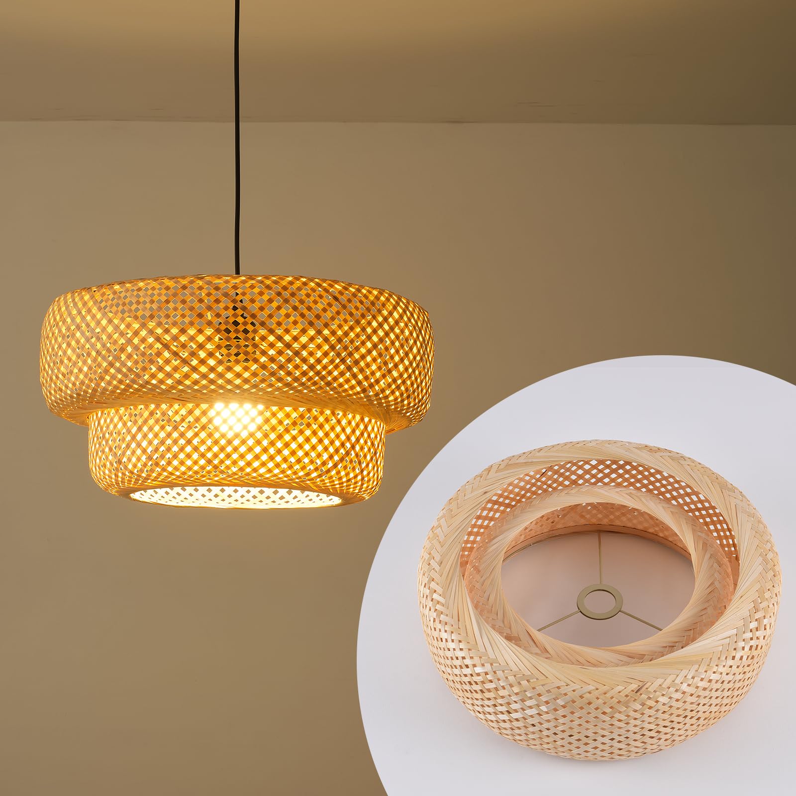 Teru Ji Kaikang 13.77'' Bamboo Lamp Shade,Hand-Woven Bamboo Rattan Hanging Light Shade,for Dining Living Bedroom Kitchen Farmhou