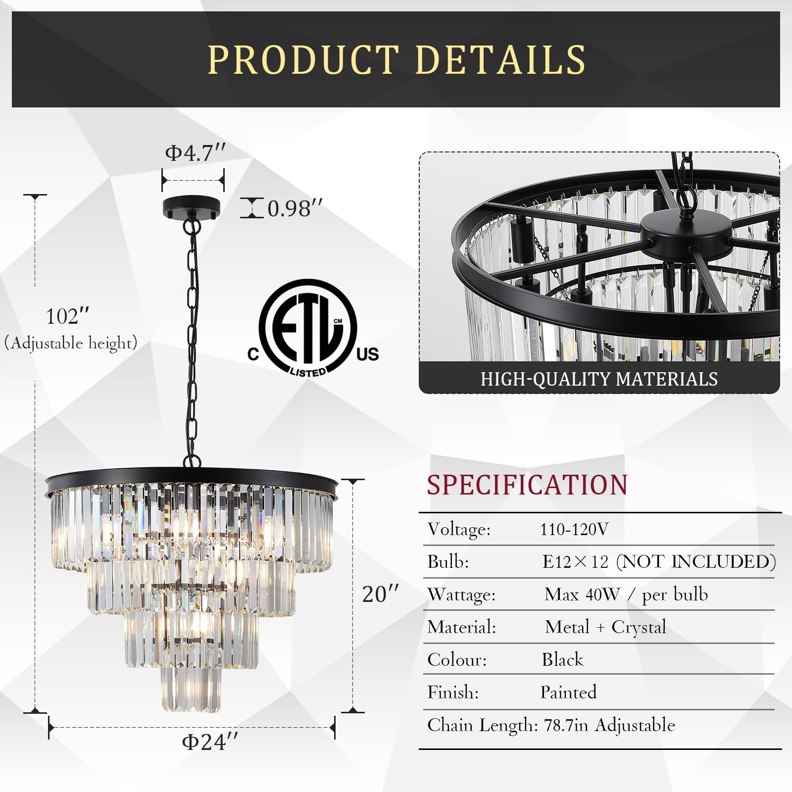 Catiner Modern Black Crystal Chandeliers,24    Ceiling Round Chandelier,Luxury Flush Mount Pendant Light Fixture With Chain Farm