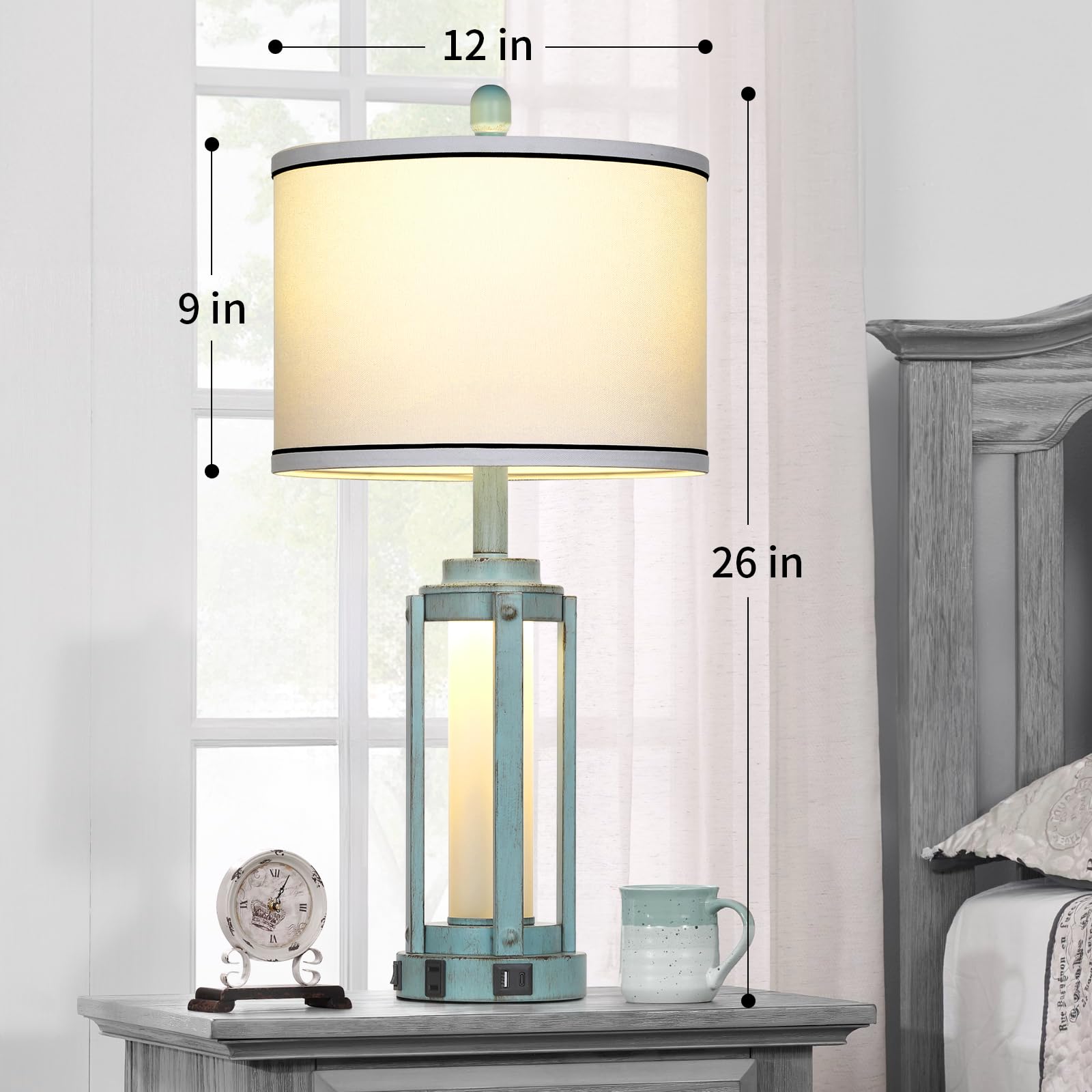 Industrial Farmhouse Table Lamp, 26'' Vintage Rustic Beside Lamp With Usb A+C Charging Ports & Ac Outlet, Nightstand Metal Lamp