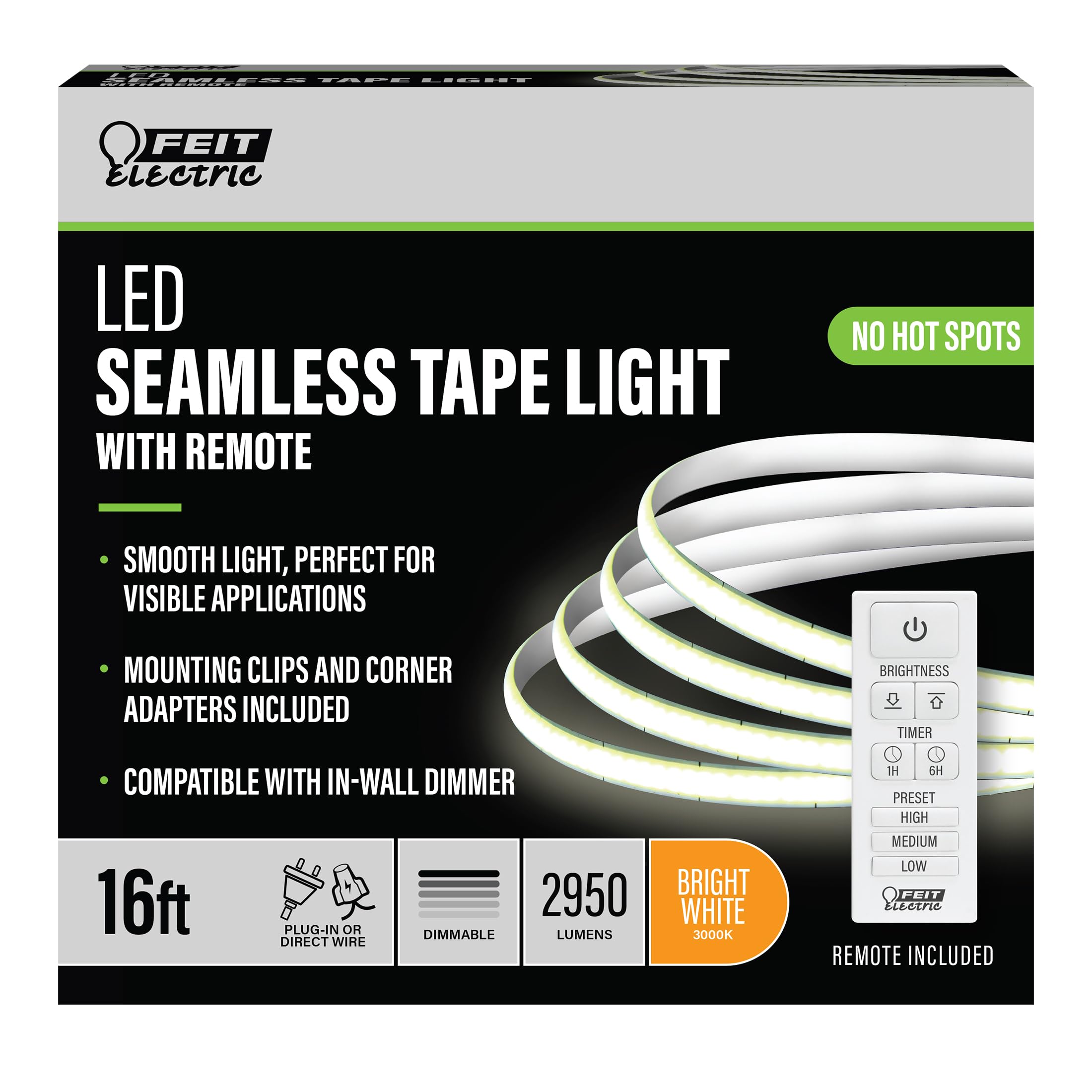 Feit Electric 16ft LED Tape Light, Dimmable, Plug-in/Direct Wire LED Ultrathin Strip Lights for Home, 2950 Lumens, 3000K Bright White, Remote Control Included, 25,000-Hour Lifetime, TAPE192/COB/LED