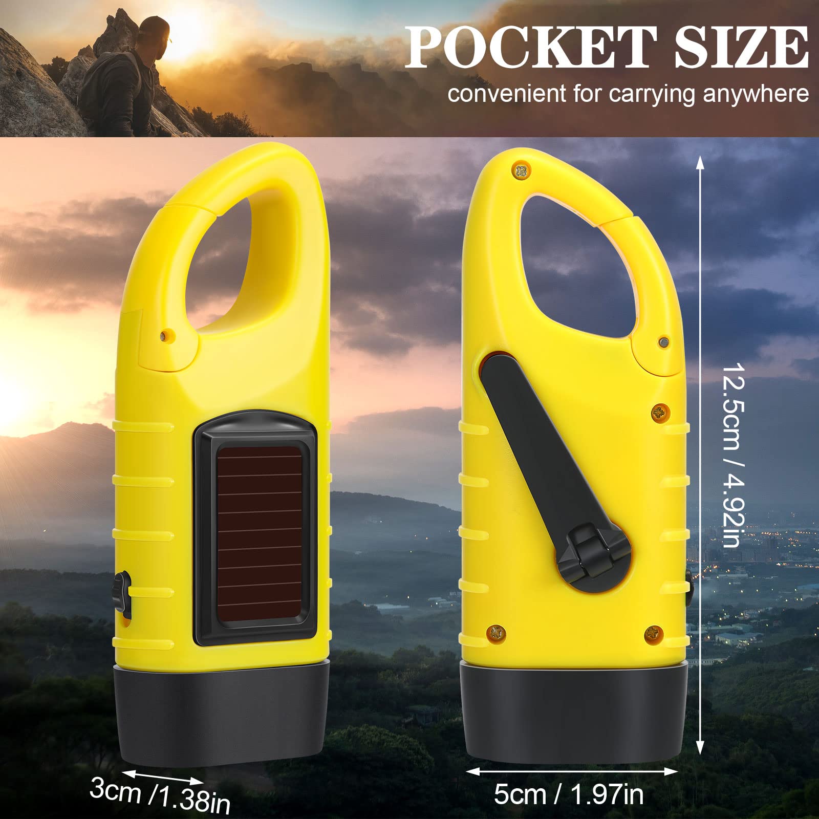 Mudder Hand Crank Solar Powered Flashlight, Emergency LED, Rechargeable, Green Yellow Black