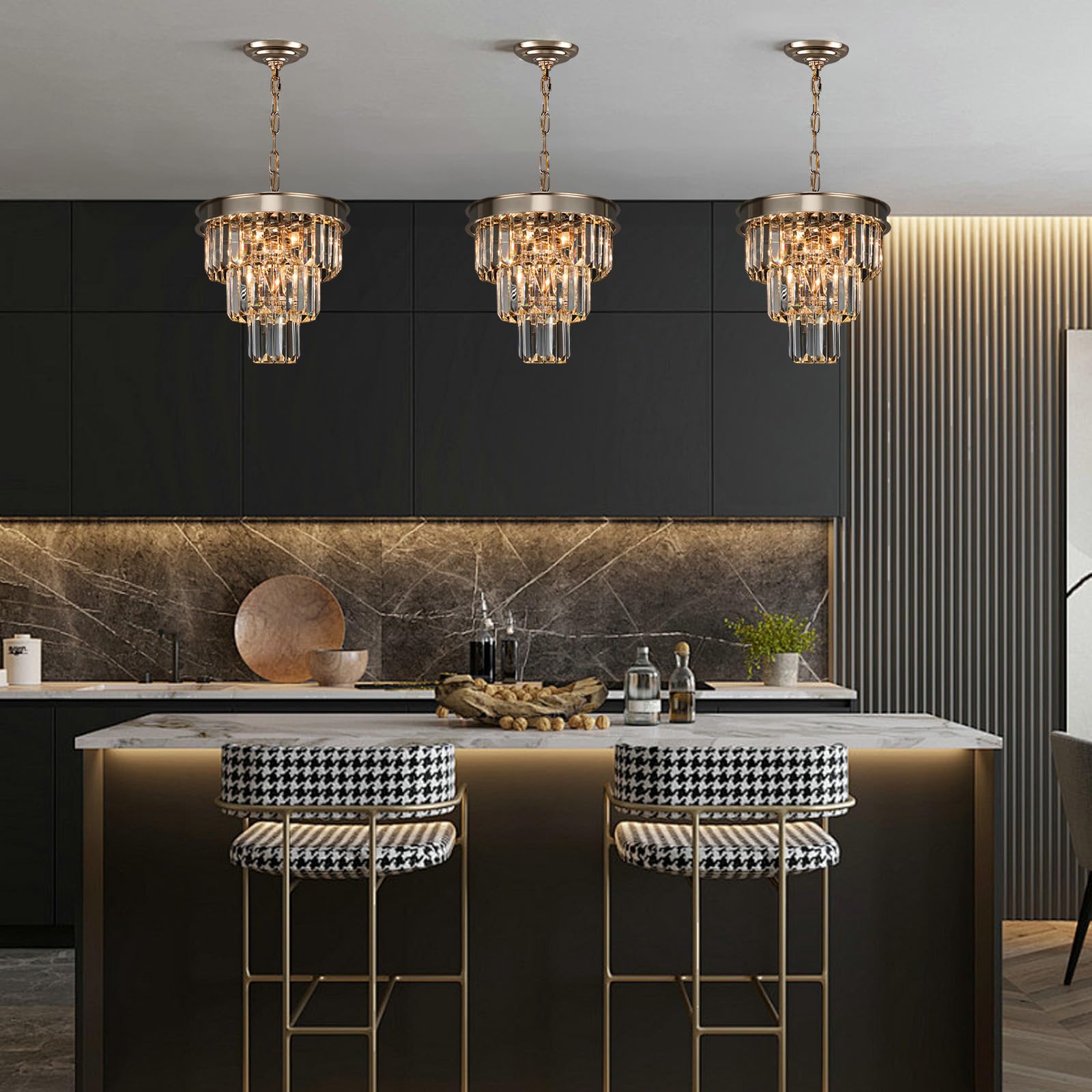 Weesalife Crystal Pendant Lighting Fixture, 4-Lights, D12in, Champagne Gold, Model A8828 for Dining Room, Kitchen Island, Entryway