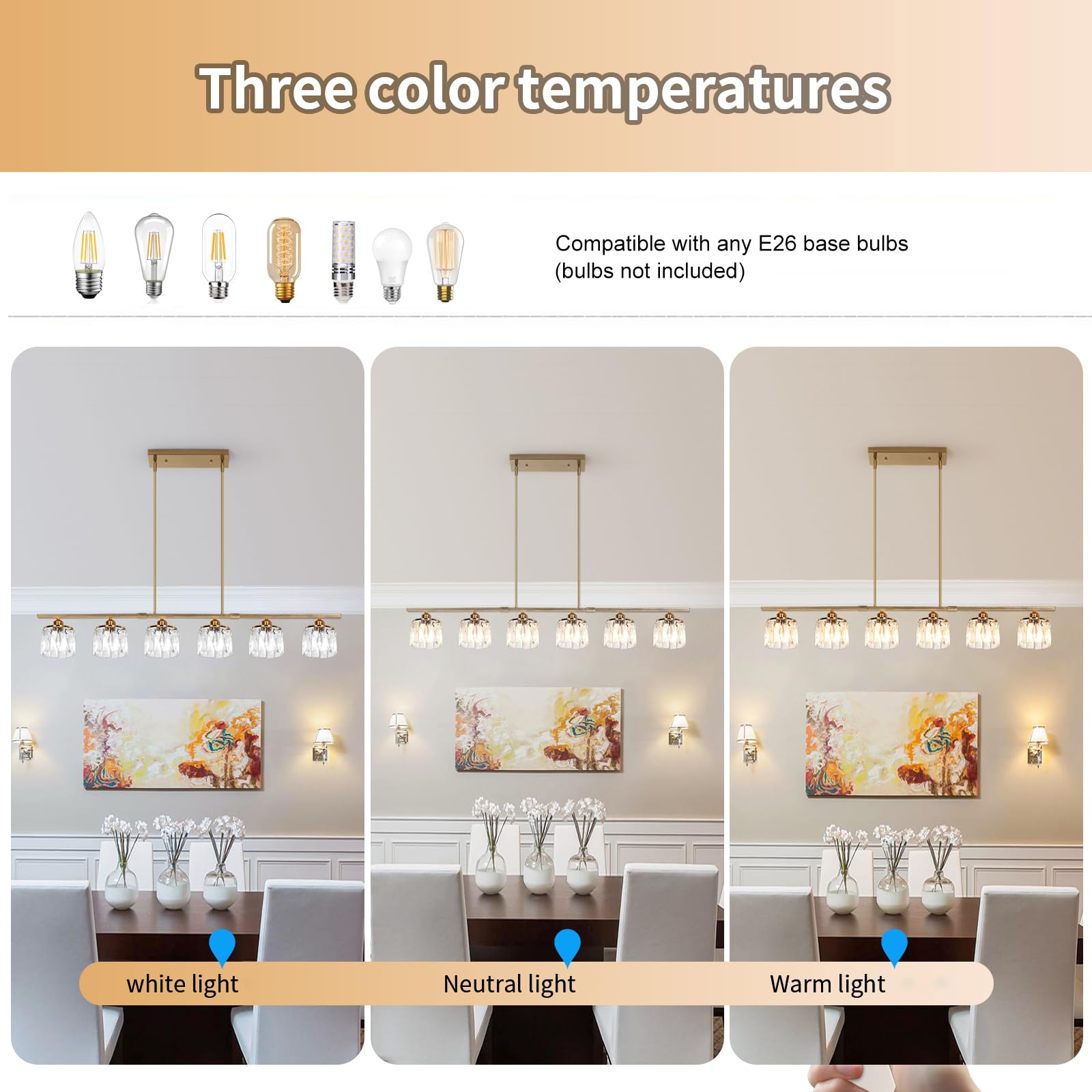 Ganeed 6-Light Adjustable Brass Chandelier with Crystal Shade, 48" Linear Dining Room Pendant Light Fixture, Gold Finish