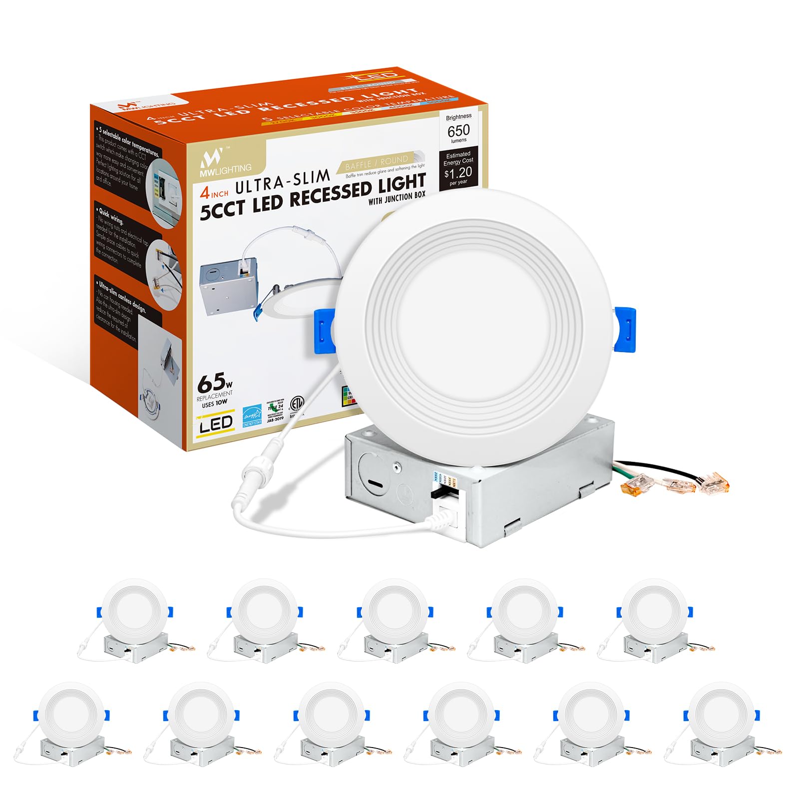 Mw 12 Pack 4 Inch 5Cct Ultra-Thin Led Recessed Light With Junction Box,Dimmable 4 Inch Wafer Led Lights, 10W High Brightness Dow