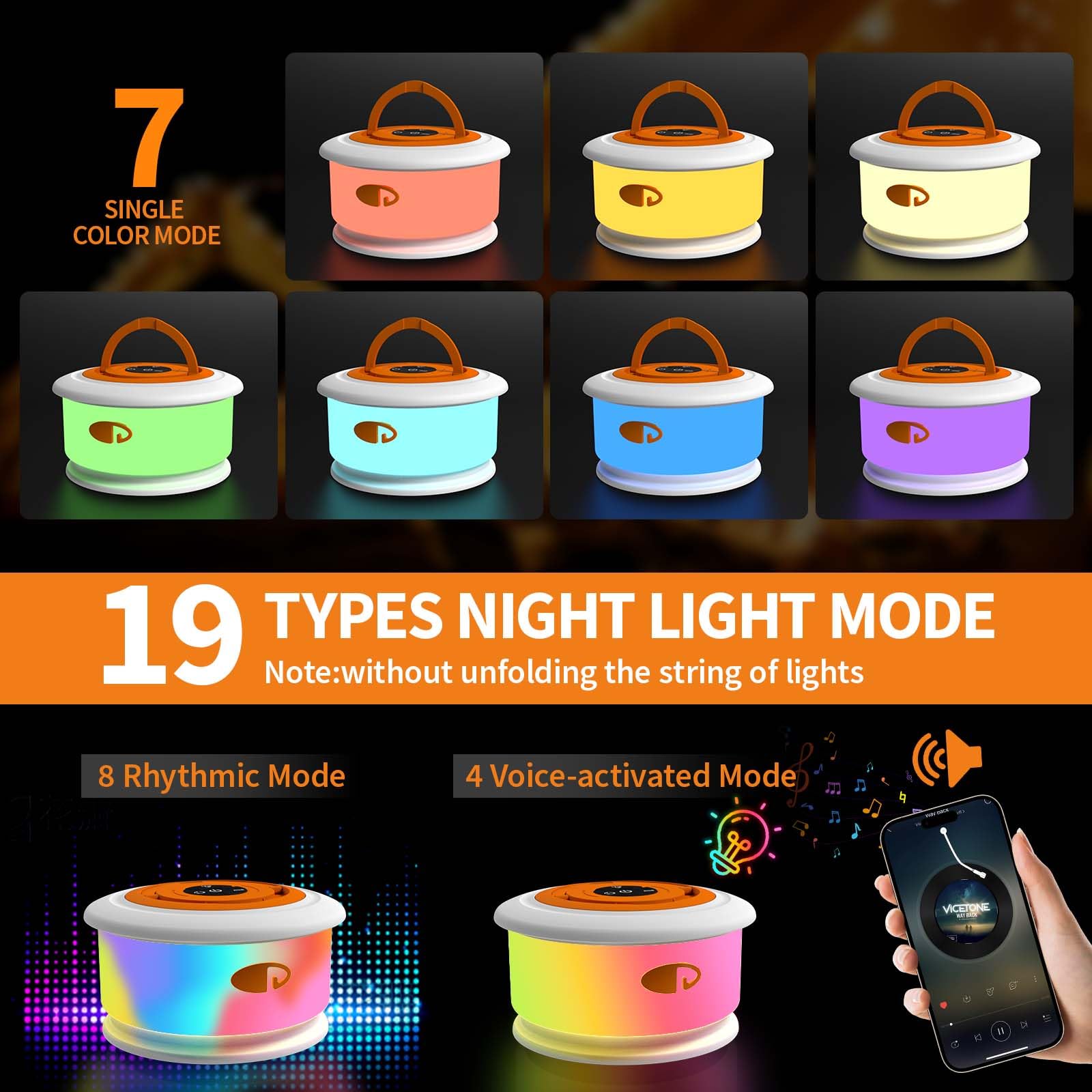 TOHETO Camping String Lights, 32.8 FT, Retractable RGB with 19 Modes, Rechargeable, White&Orange, Model JSK-L26