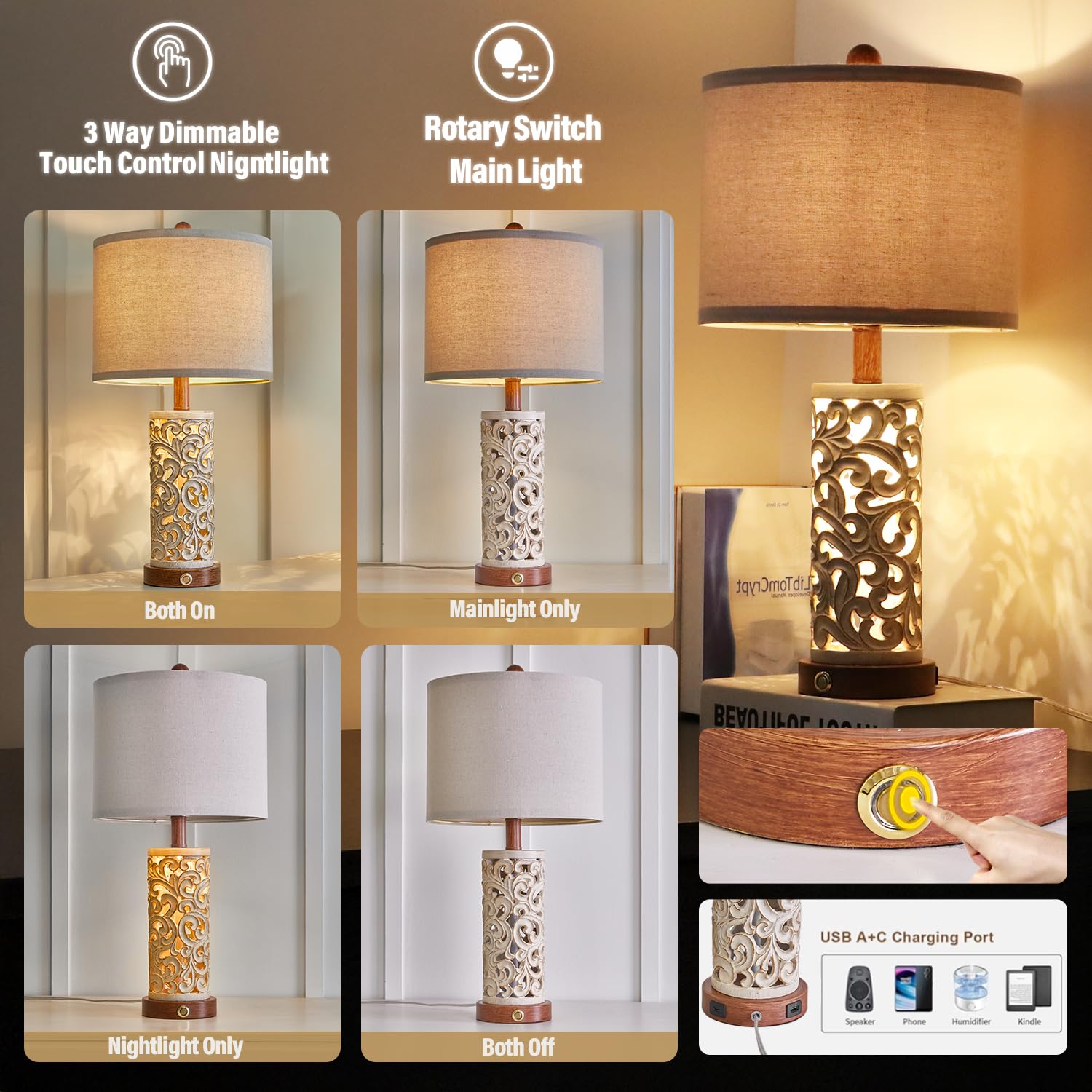 OYEARS 22'' 3-Way Dimmable Touch Control Table Lamp with Nightlight - Brown, USB A+C, Model AMZ-T1072BR-TU-1