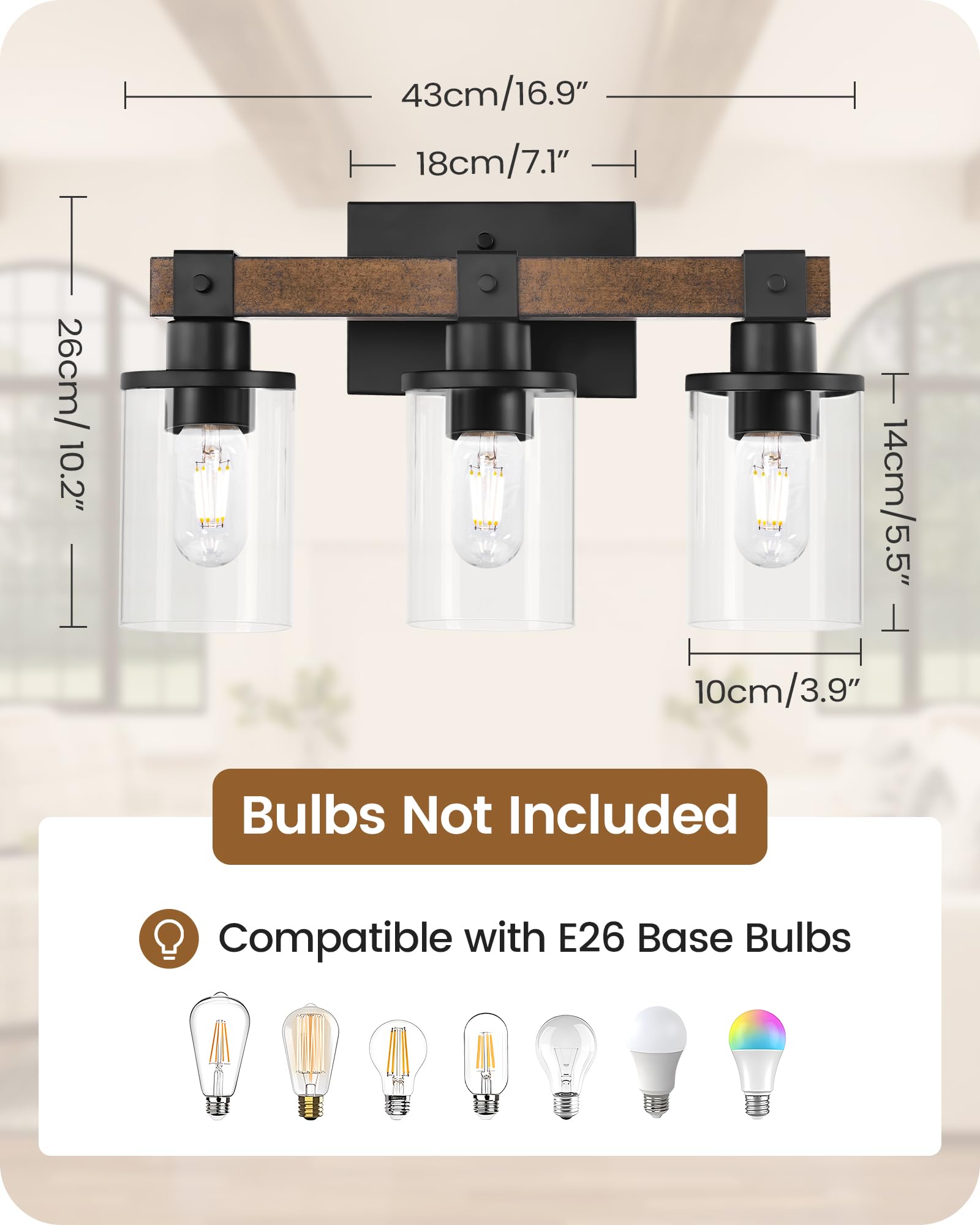 GOEBLESON 3-Light Bathroom Light Fixture, Rustic Brown & Black Metal Vanity Lights, Model F08BD05