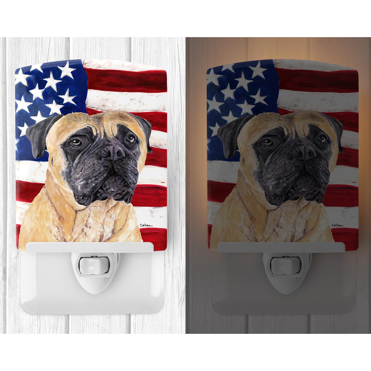 Carolines Treasures Ceramic Night Light, USA American Flag, Mastiff, 6x4x3 inches, Model SC9031CNL, UL-Certified, Multicolor