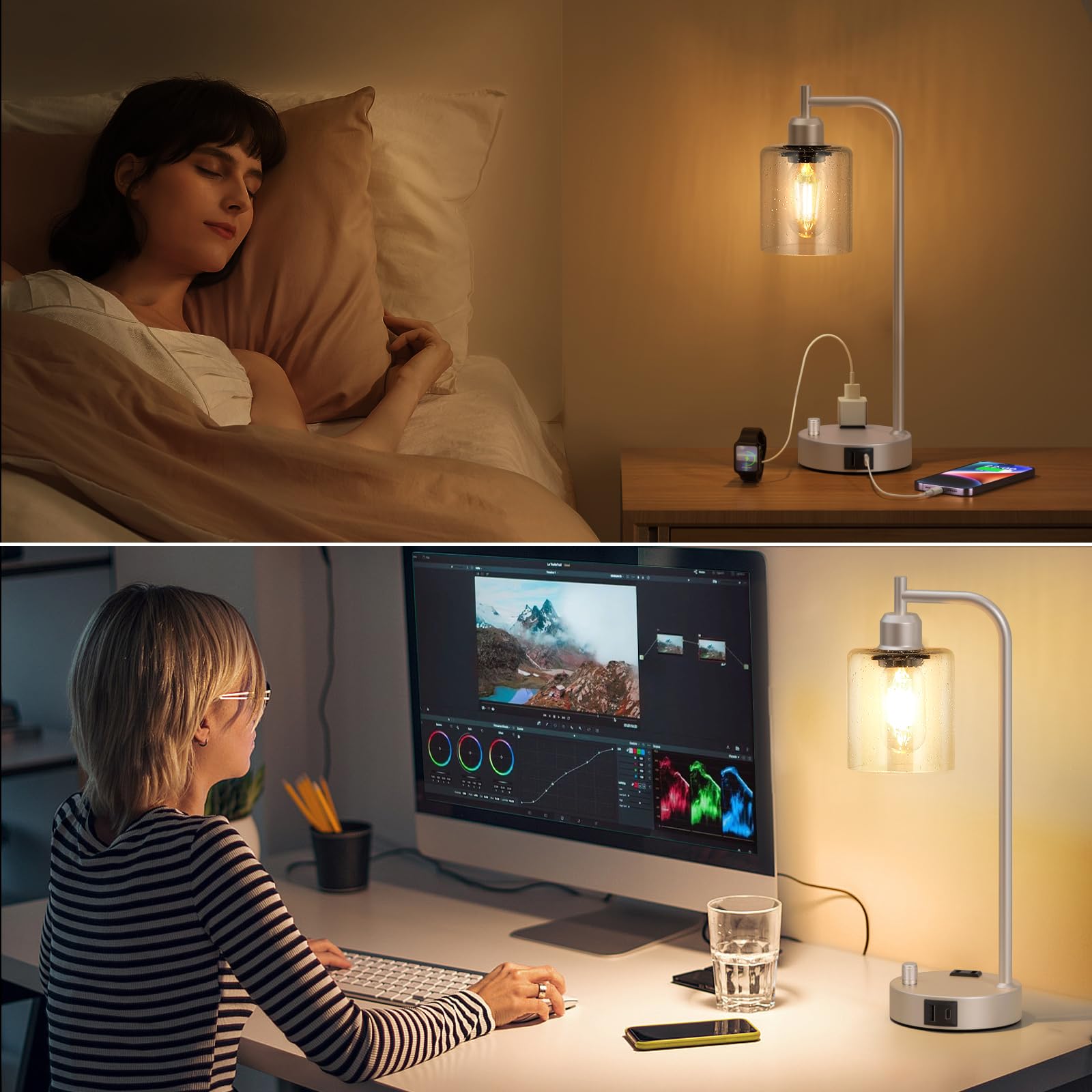 Industrial Table Lamps For Bedrooms Set Of 2 - Fully Dimmable Bedside Lamps With Usb Ports And Outlet, Champagne Gold Nightstand