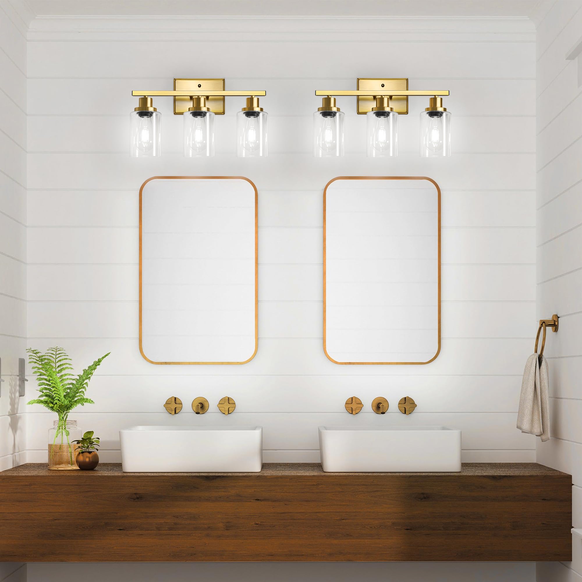 Ascher 3 Light Bathroom Vanity Light Fixtures, Gold Wall Sconces with Clear Glass Shade for Mirror, Kitchen, Living Room