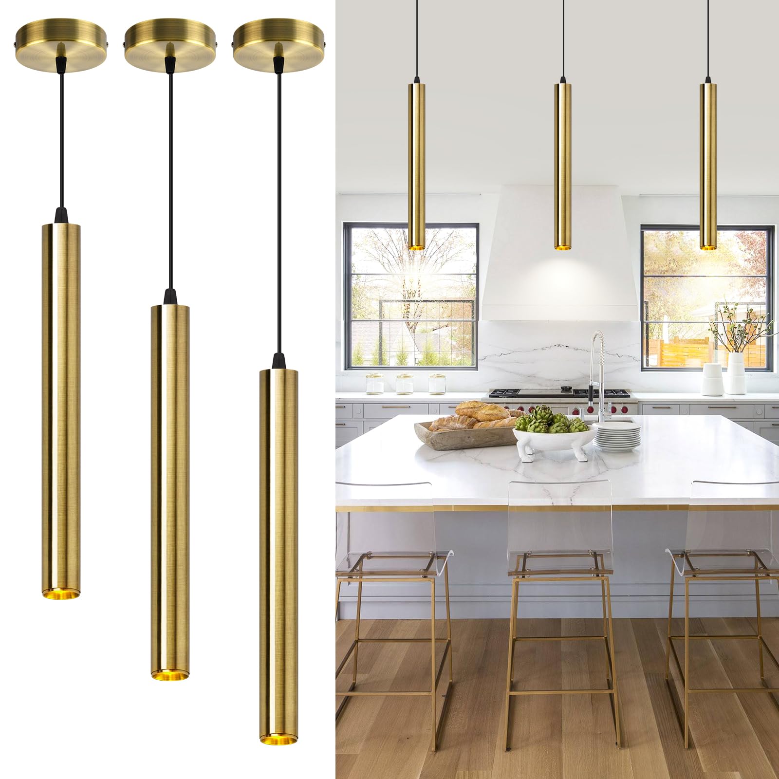 OKELI Modern Bronze Pendant Lights, LED Minimalist Pendant Lighting Fixture, Strip Pendant Lighting for Kitchen Island, Bar,4000